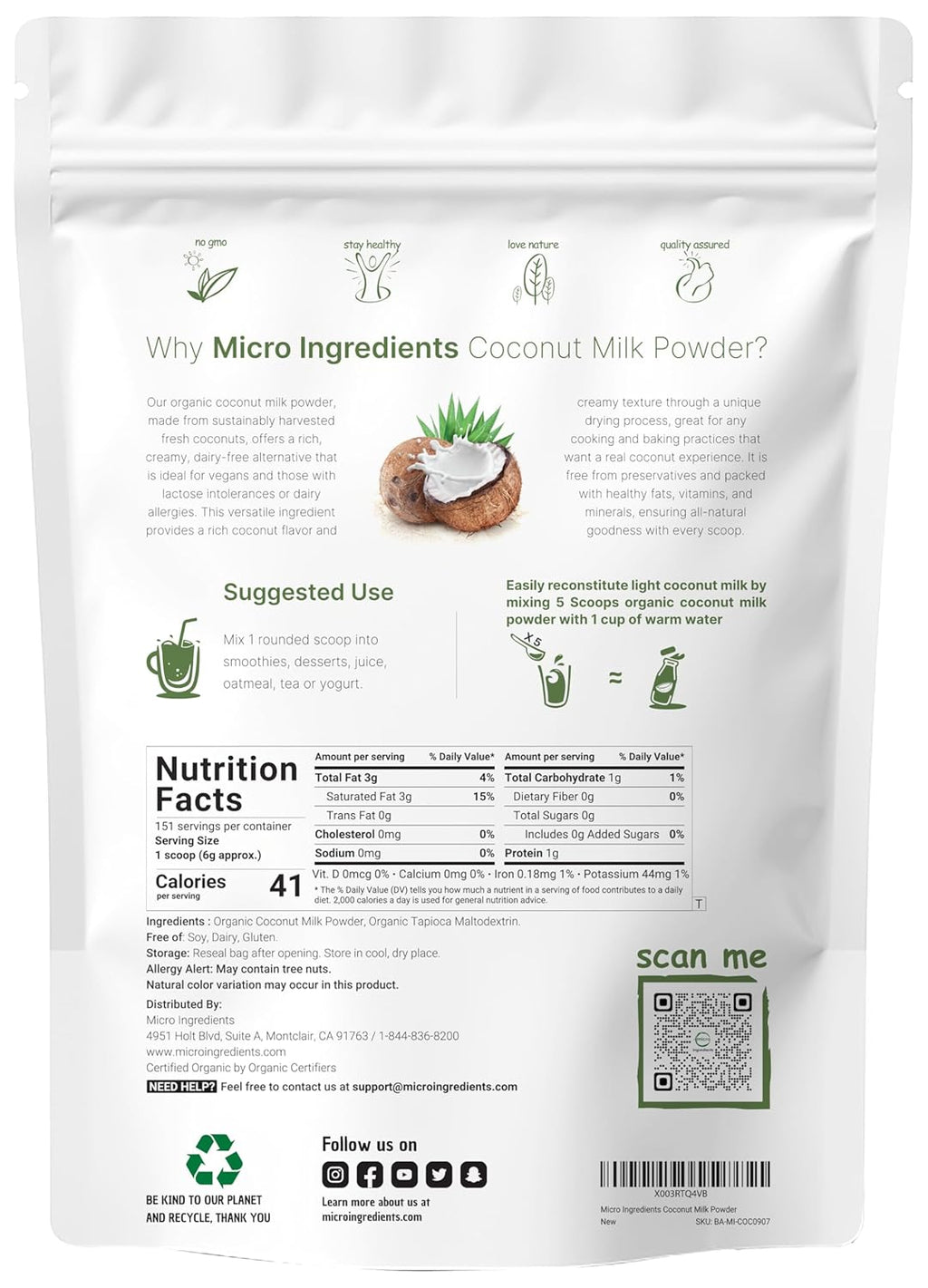 Micr Ingredient Organi Coconu Mil Powder L Plant-Base Creame fo Coffee Te Smoothie Pur Ric i MC Non-GMO Gluten-Free Ket Pale Friendly