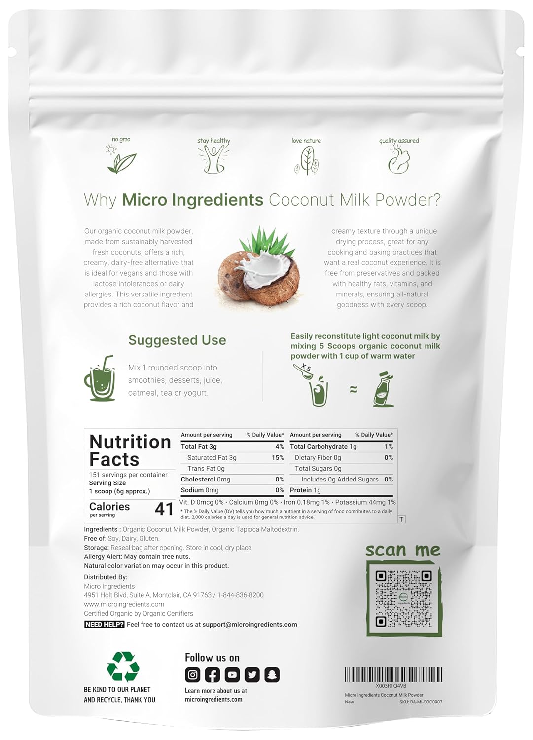 Micr Ingredient Organi Coconu Mil Powder L Plant-Base Creame fo Coffee Te Smoothie Pur Ric i MC Non-GMO Gluten-Free Ket Pale Friendly
