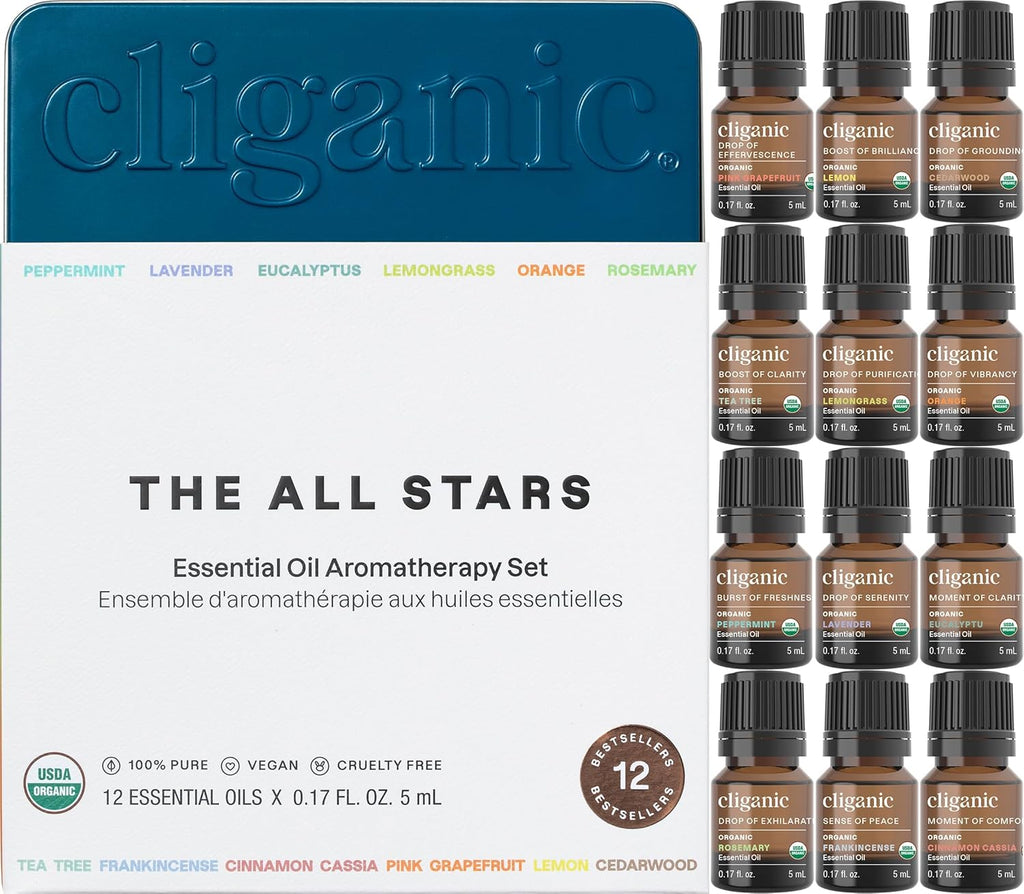 Cliganic Organic Aromatherapy TOP 12 Essential Oils Set, 100% Pure - Peppermint, Lavender, Eucalyptus, Tea Tree, Lemongrass, Rosemary, Frankincense, Orange, Lemon, Cassia, Cedarwood Grapefruit