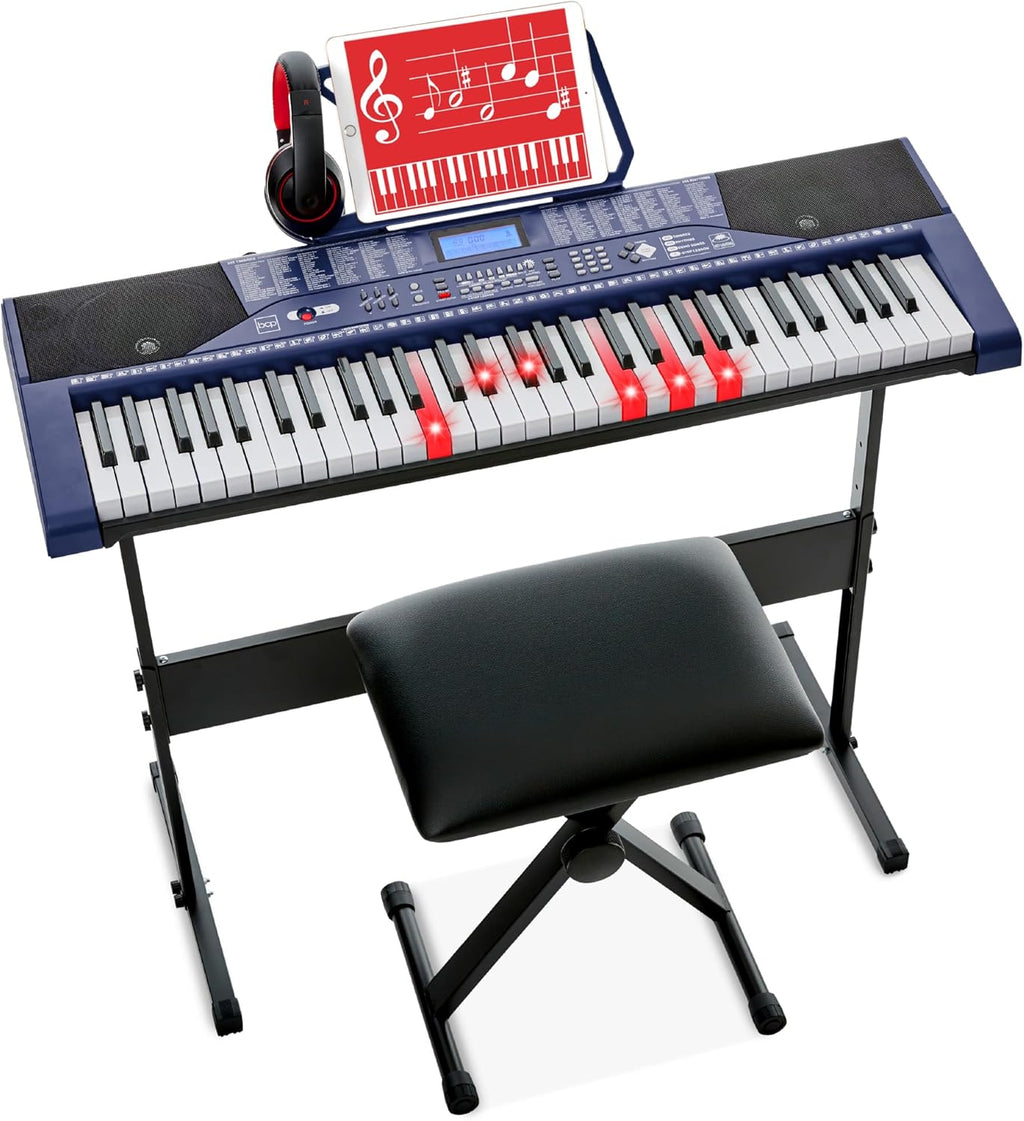 Best Choice Products 61-Key Beginners Complete Electronic Keyboard Piano Set w/Lighted Keys, LCD Screen, Headphones, Stand, Bench, Teaching Modes, Note Stickers, Built-In Speakers - Blue