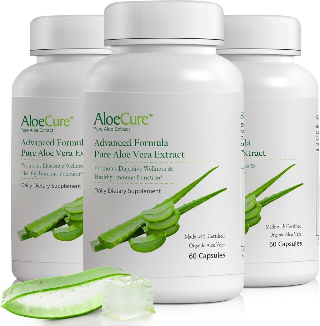 AloeCure Organic Aloe Vera Capsules, 160,000mg Inner Aloe Leaf Equivalent per Serving, Support Gut, Digestive, Immune Health, Helps Maintain Balanced Stomach Acidity, Aloin Free, 60Caps x 3Btl
