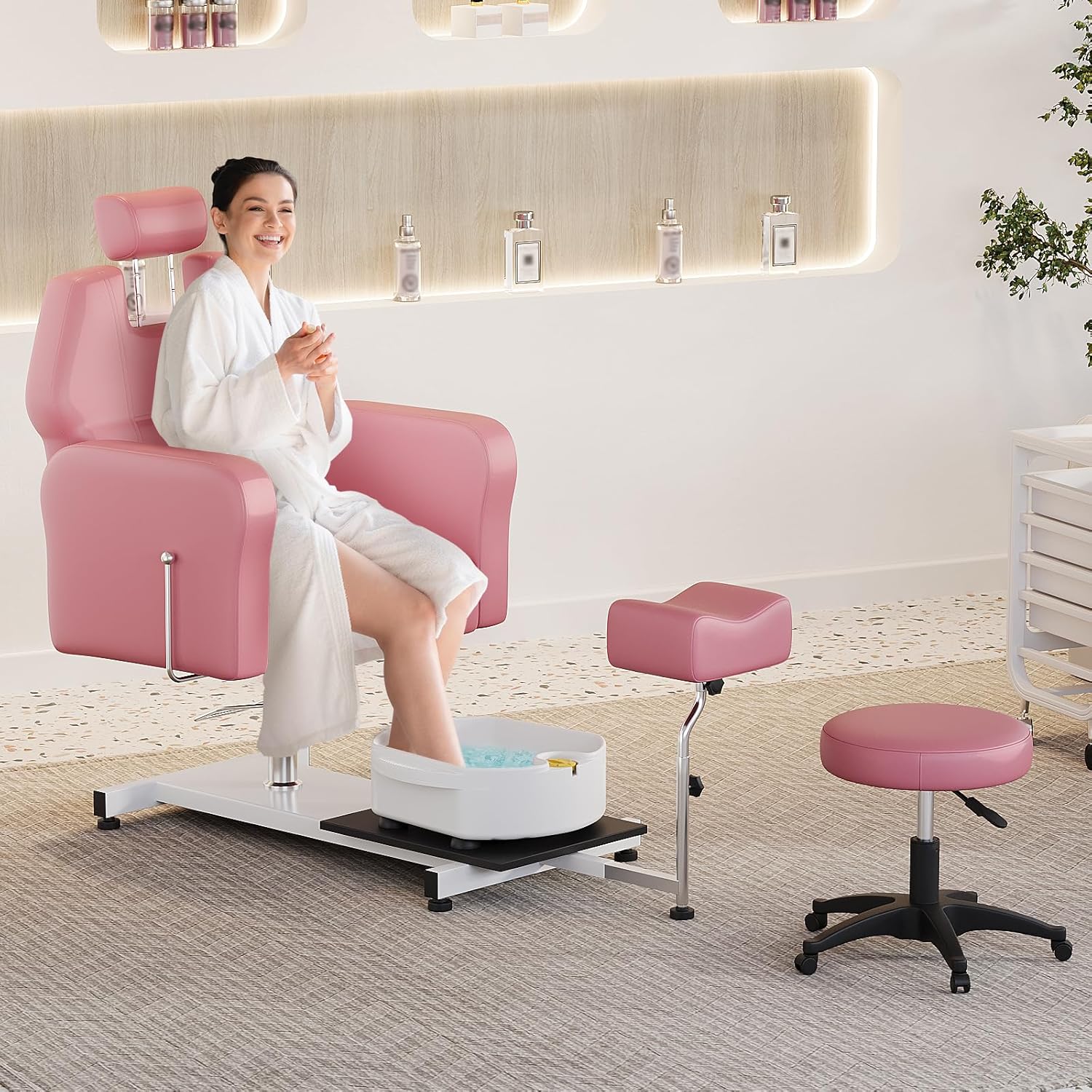 Reclining Pedicure Chair with Stool, Footrest Massage Foot Basin, Height Adjustable Pedicure Unit Station, 360 Swivel Hydraulic Pedi Chair for Foot Bath Pedicure Chairs, Beauty Spa Salon, Pink