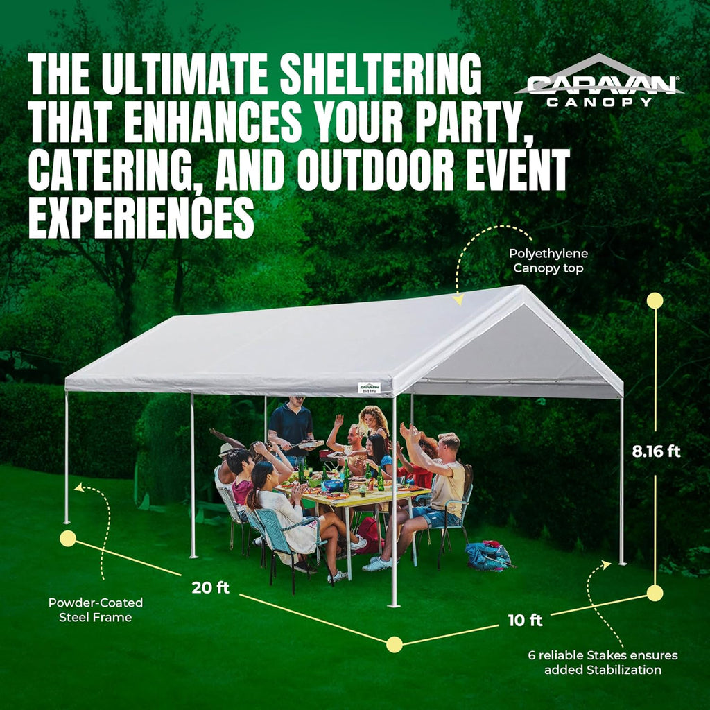 Caravan Canopy Powder Coated Heavy Duty Steel Frame Pop Up Carport with 6 Steel Stakes for Outdoor Activities and Events, White