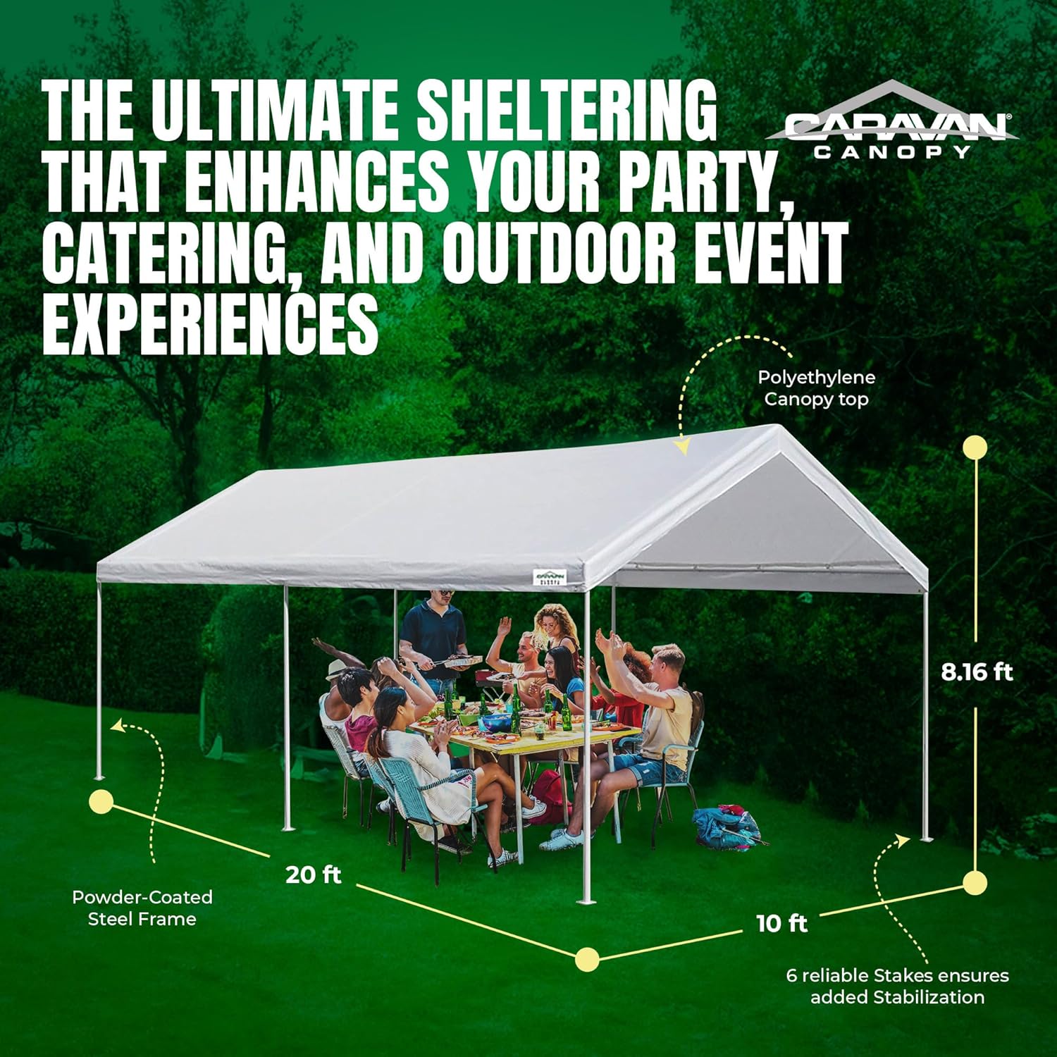 Caravan Canopy Powder Coated Heavy Duty Steel Frame Pop Up Carport with 6 Steel Stakes for Outdoor Activities and Events, White