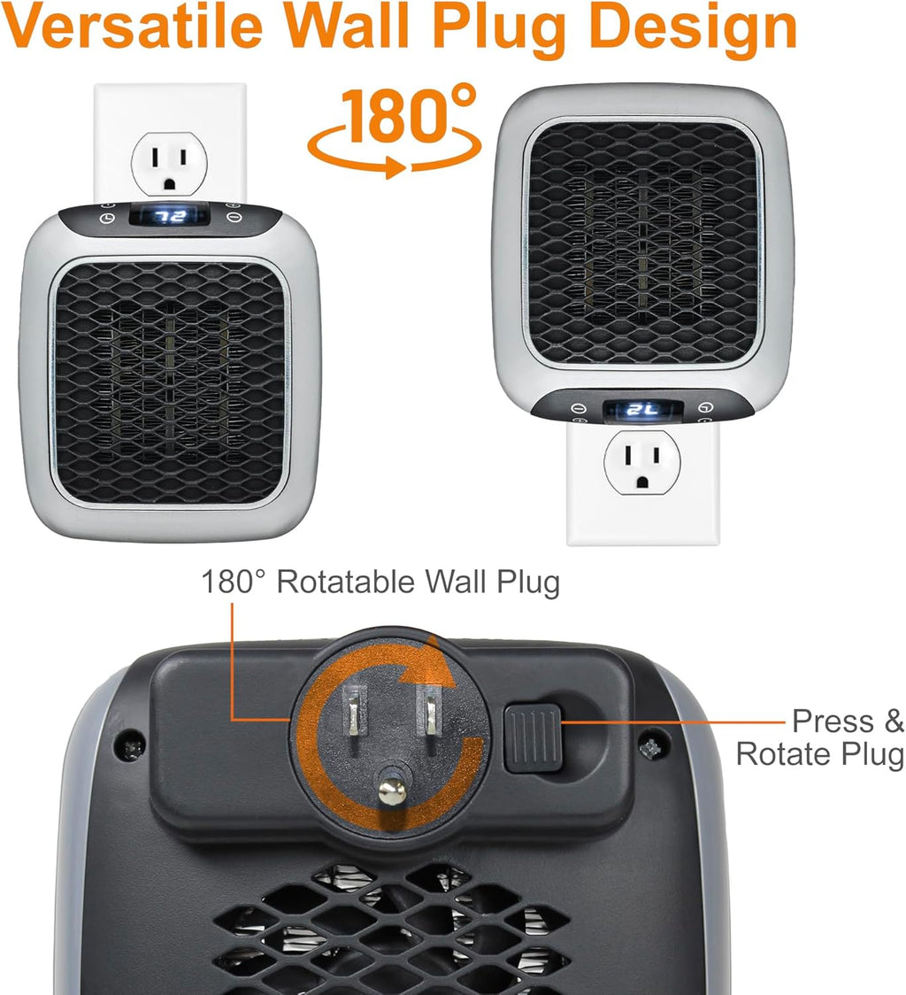 Ontel Handy Heater Turbo Wall Outlet Plug In Heater ¨C Portable Indoor Ceramic Space Heater w/Adjustable Thermostat, 12-Hour Timer, Auto Shut Off, Quiet ¨C Plug In Wall for Office, Bedroom, Camping