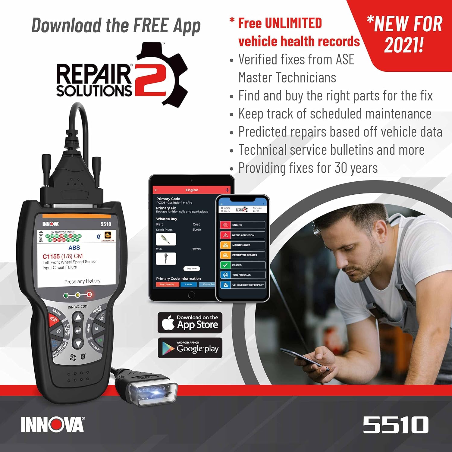 INNOV 551 OBD Scanner Sca Too fo ABS Al Syste Scanner Calipe Service Brak Pa Life Read/Eras ABS/SR Codes Rese Oi Light Liv Data Update Included