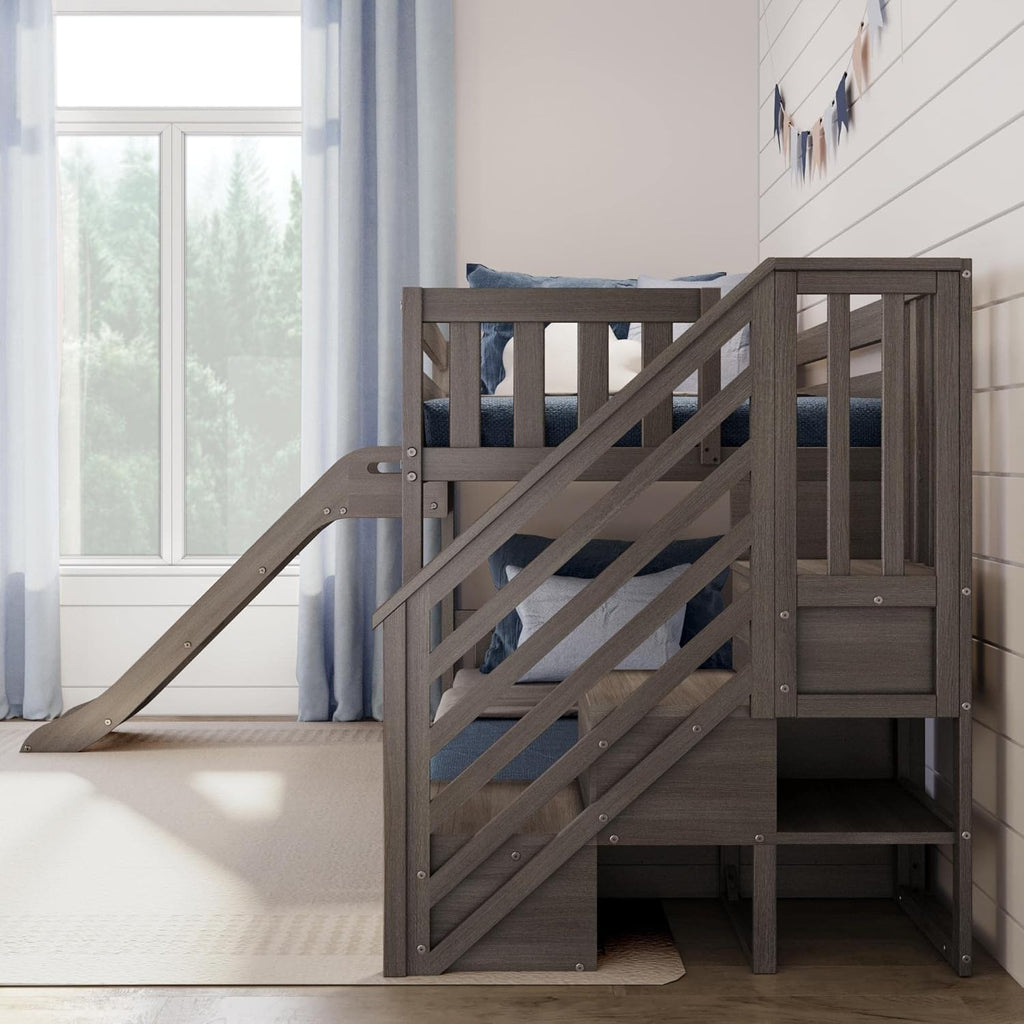 Max & Lily Solid Wood Twin over Twin Size Low Bunk Beds for Kids with Slide and Stairs, 400 lbs Weight Capacity, 14inch Safety Guardrail, Anti-Slip Steps, Clay