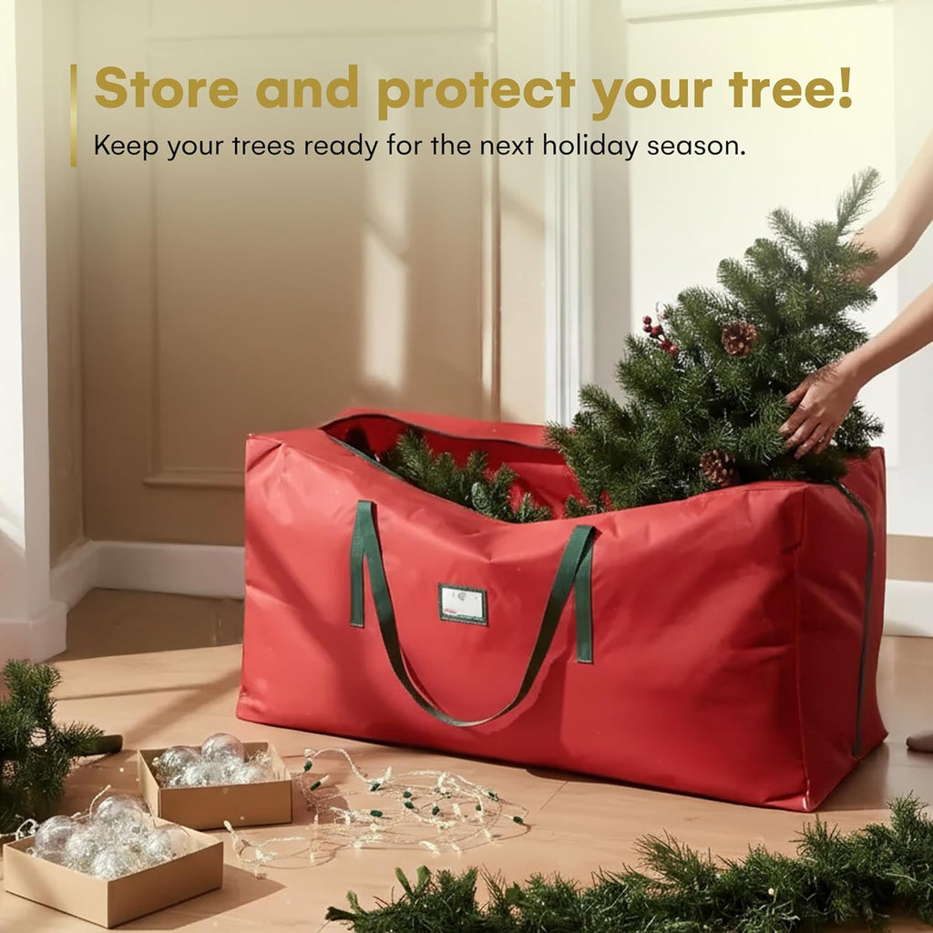 HOLIDAY SPIRIT Heavy Duty Canvas Bags for Christmas Tree - Waterproof Storage Bag with Reinforced Handles and Dual Zipper for 9 Ft Tree - 600D Oxford Material Protects from Dust and Moisture, Red
