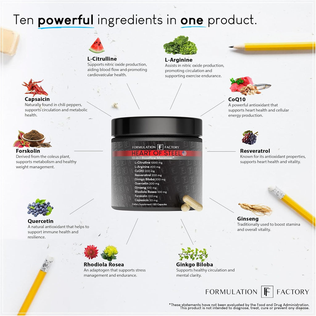 Formulatio Factor Hear o Steel 10-in- Metaboli Maximize Nitri Oxid Supplement Bloo Pressur Support Arginine Citrullin Natura Pre-Workout Energ Managemen 12 Count