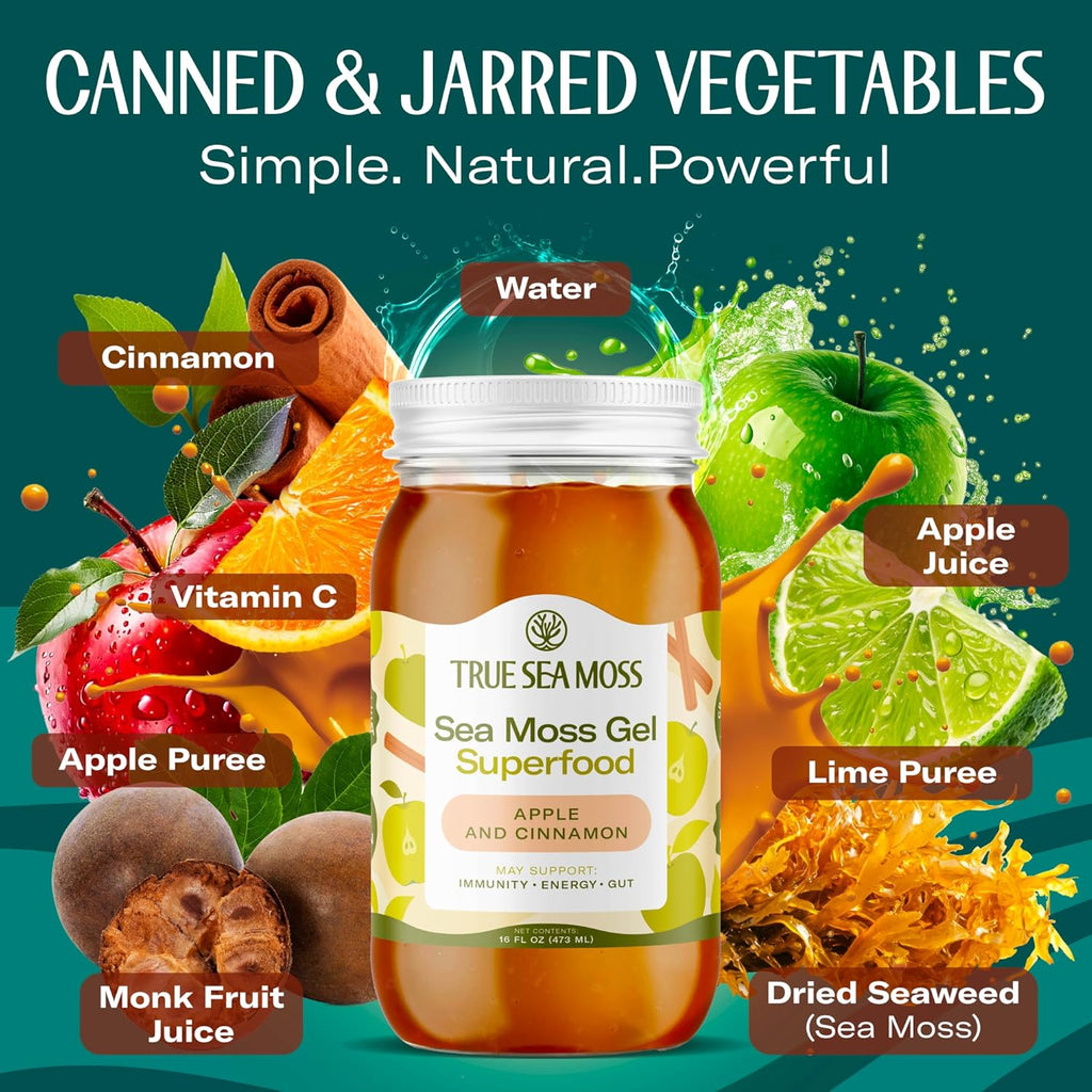 TrueSeaMoss Sea Moss Gel ¨C Made in USA ¨C Wildcrafted Seamoss, Fruits Jarred Vegetables ¨C Apple/Cinnamon, Pack of 1 (Labels may Vary)