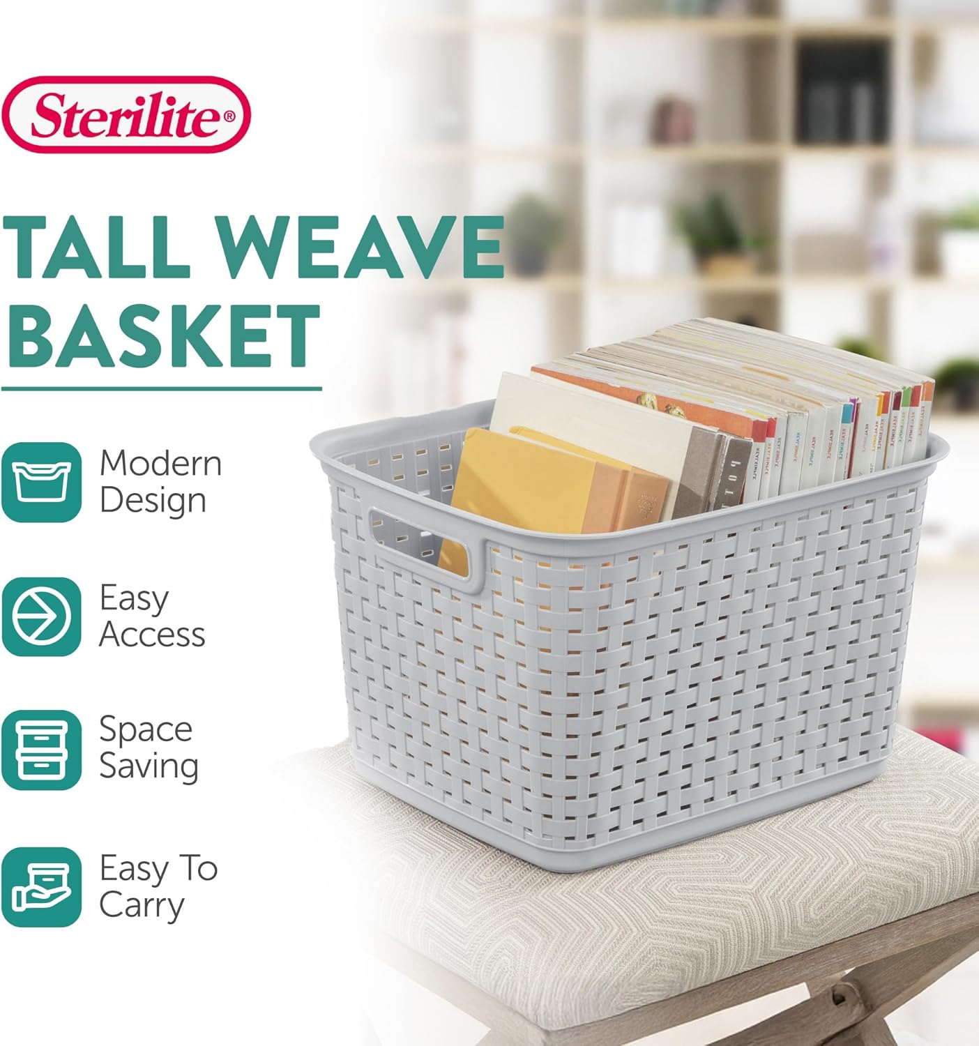 Sterilite 12-Pack Tall Weave Basket, Wicker-Style Plastic Open Storage Bin, Cement Gray - Multi-Purpose Decorative Organizer for Laundry Area, Shelves, Closets, Pantries, Living Rooms or Offices