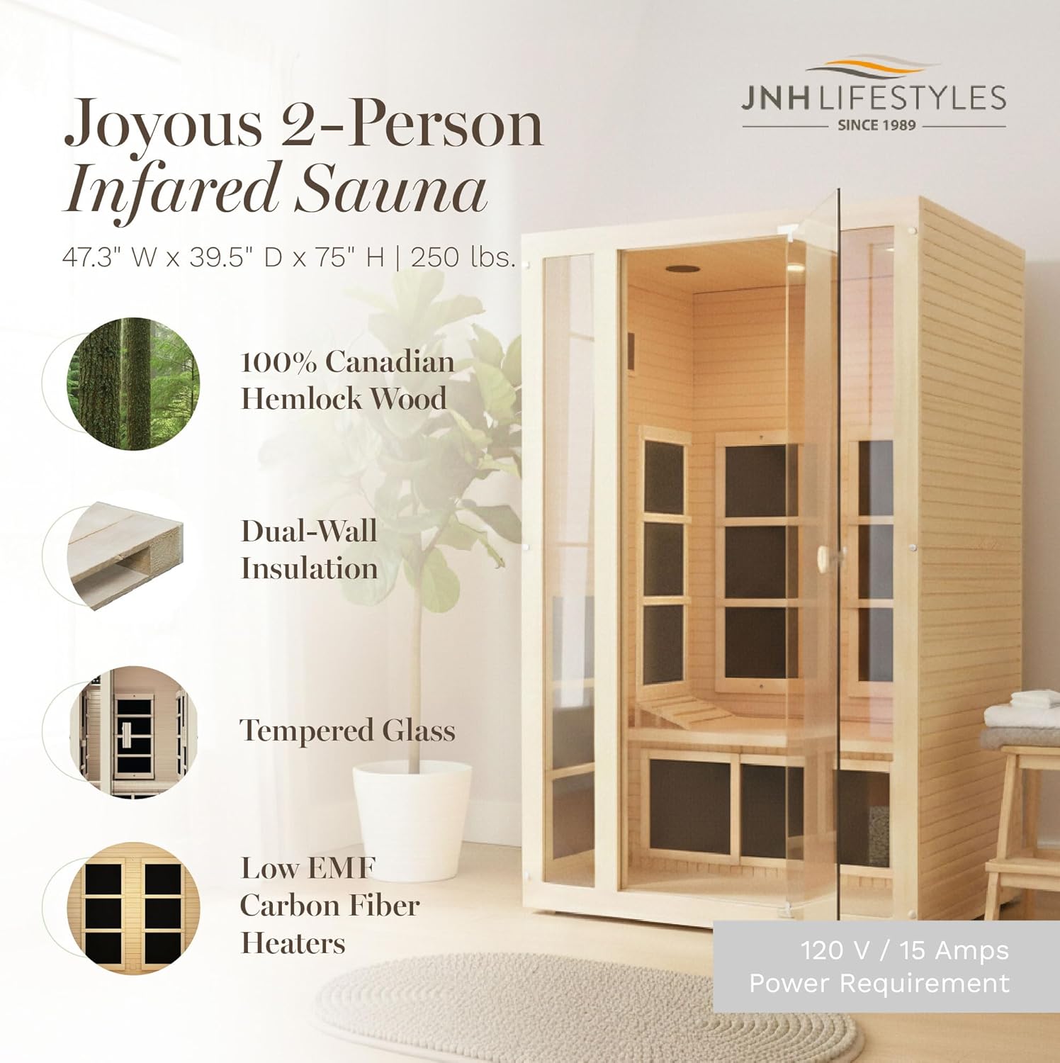 JN Lifestyle Joyou 2-Perso Hom Infrare Saun wit Colo Ligh Therapy Lo EMF Indoo Persona Luxur Sp fo Hous an Gym