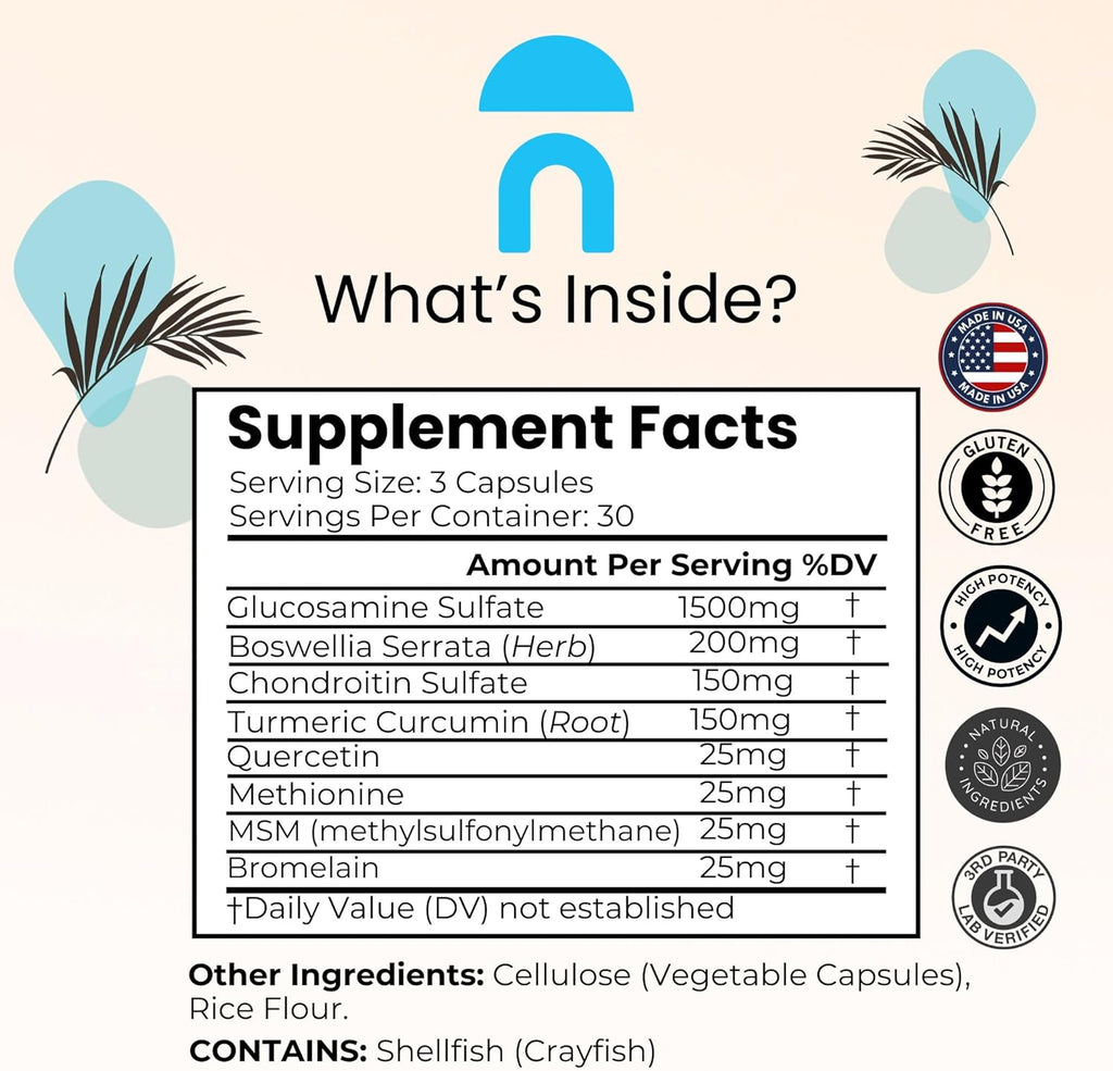 NutriRis Glucosamin Chondroiti Querceti MS wit Turmeri Curcumi 2100m Tripl Strengt Join Suppor Supplemen fo Wome Me wit Boswelli Bromelain Glute Free No GMO 9 Count