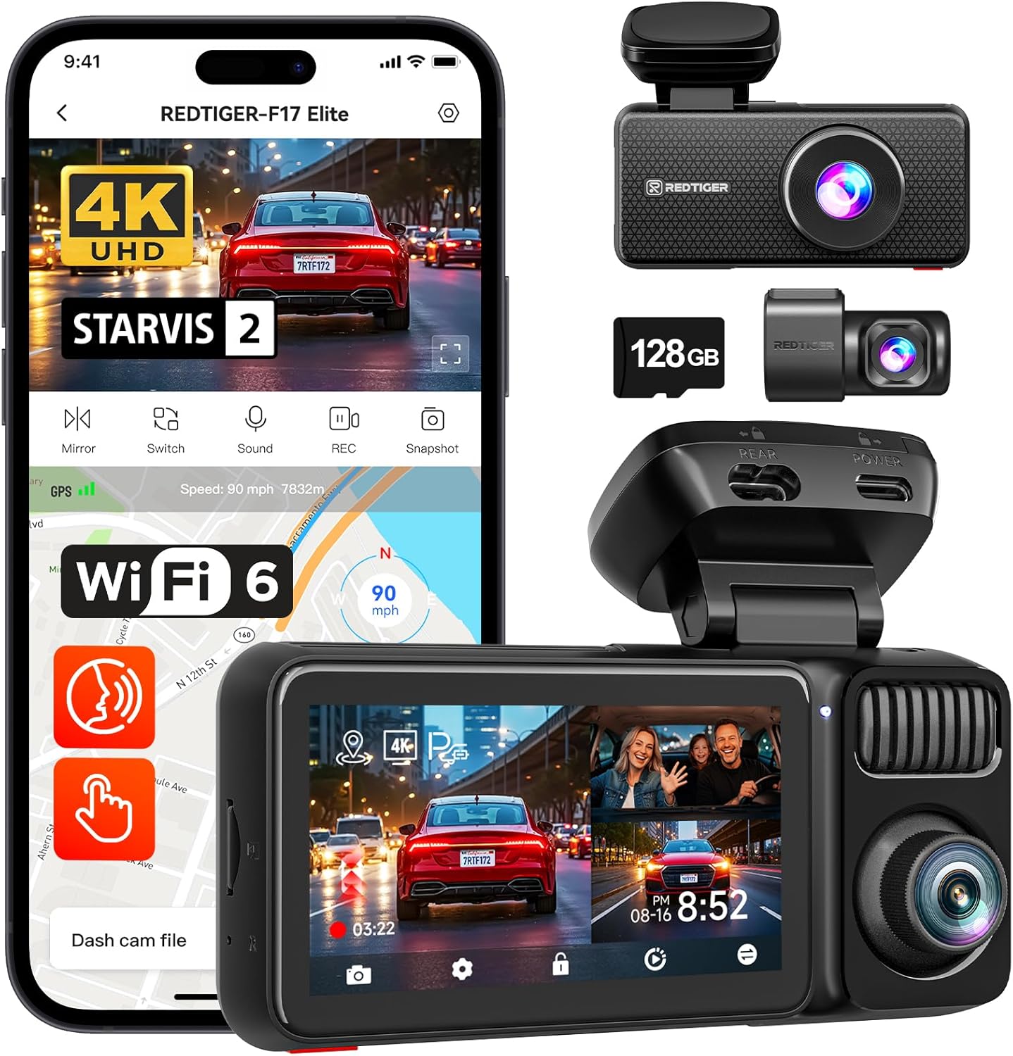 REDTIGE F1 Elit 4 Channe Das Cam STARVI IMX67 IMX675 128G Card Ful Nigh Color 4K+2.5K+1080 Fron an Rea Inside Touc Screen Voic Control 5GH WiF 6 GPS HDR Parkin Mode