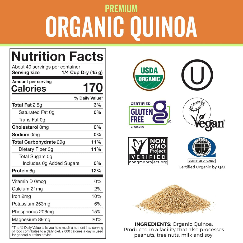 Viva Naturals Organic Quinoa, 4 lb ¨C Pre-Washed Whole Grain, Plant Protein, USDA Organic, Gluten-Free, Non-GMO, Vegan, Kosher Rice and Pasta Substitute