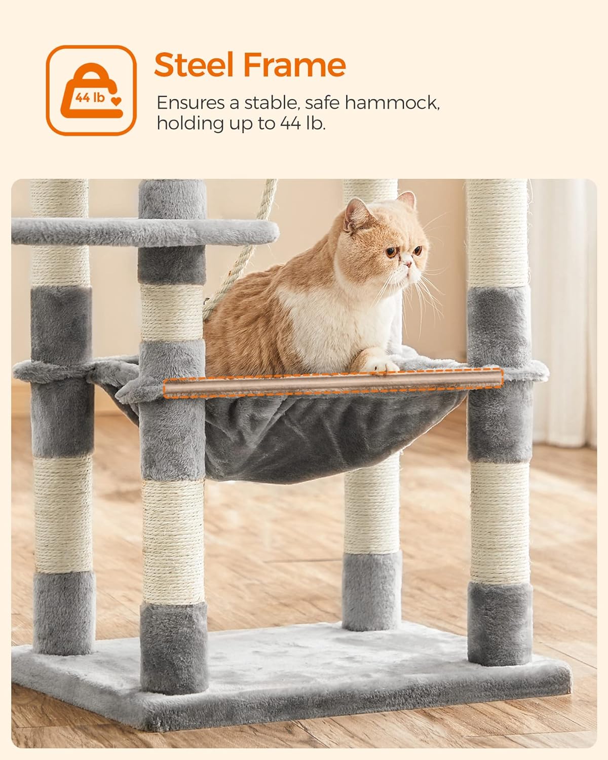 Cat Tree, Cat Tower for Indoor Cats, 56.3-Inch Cat Condo with Scratching Posts, Hammock, Plush Perch, Light Gray UPCT15W