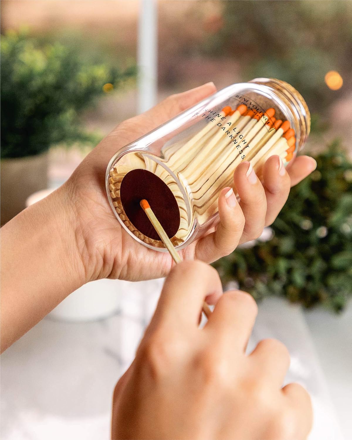 Benevolence LA Decorative Wooden Matches in Glass Jar with Striker | 4 Inches Colored Safety Long Match for Lighting Candles | Apothecary Home & Bathroom Decor - Fluorescent Orange