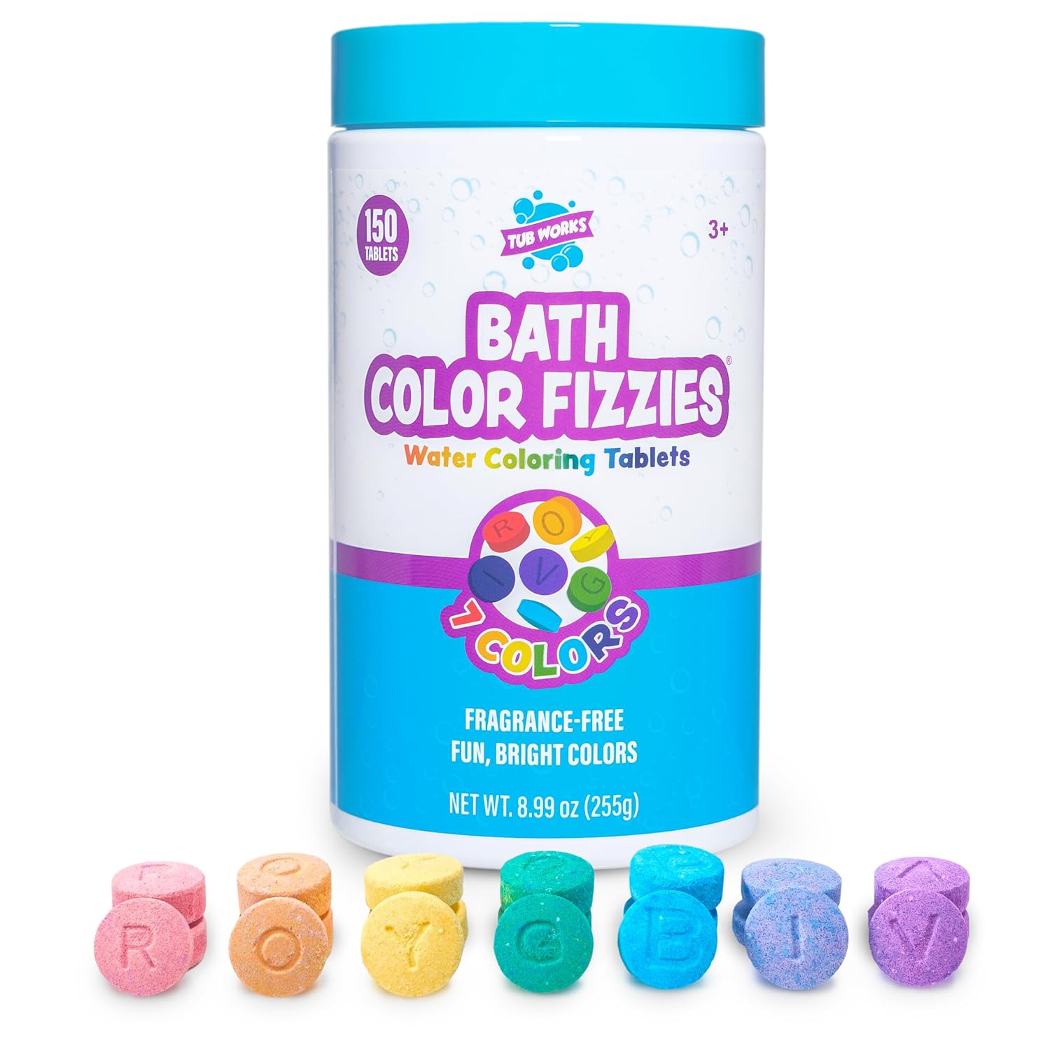 Tub Works Bath Color Fizzies, 150 Count | Nontoxic Fragrance-Free | Fizzy, Bath Color Tablets for Kids | Create Colorful Water | Water Tablets in 7 Colors for Variety | Bath Bombs for Kids Bathtub