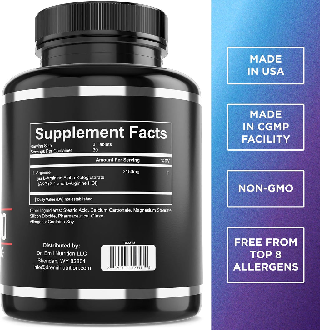 Dr Emi  Arginin (3150mg Highes Capsul Dos Nitri Oxid Supplemen fo Vascularity Enduranc an Hear Healt (AAK an HCL 9 Tablets