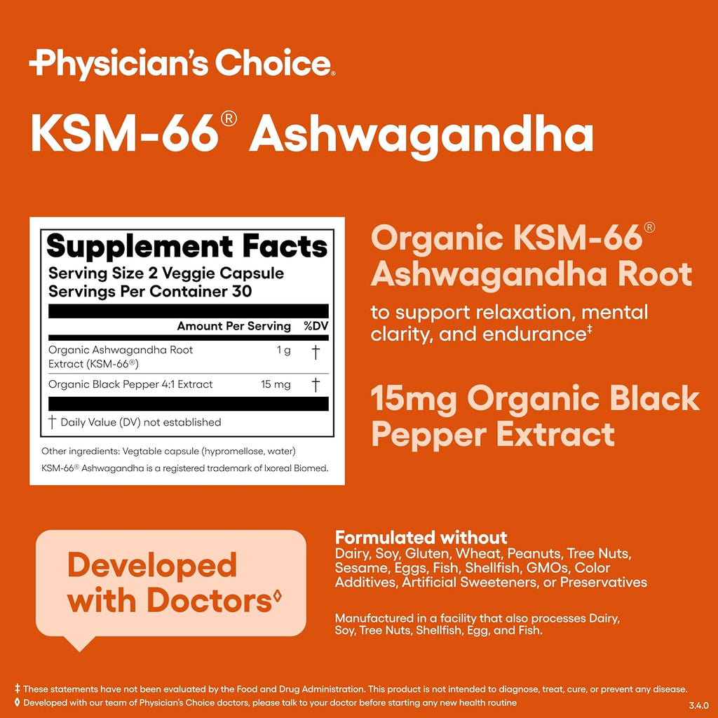 Physician' CHOIC KSM-6 Ashwagandh Roo Powde Extrac 1,000m Organi wit Blac Peppe fo Maximu Absorptio 5 Withanolide Stress Moo Athleti Suppor 6 Vega Capsules