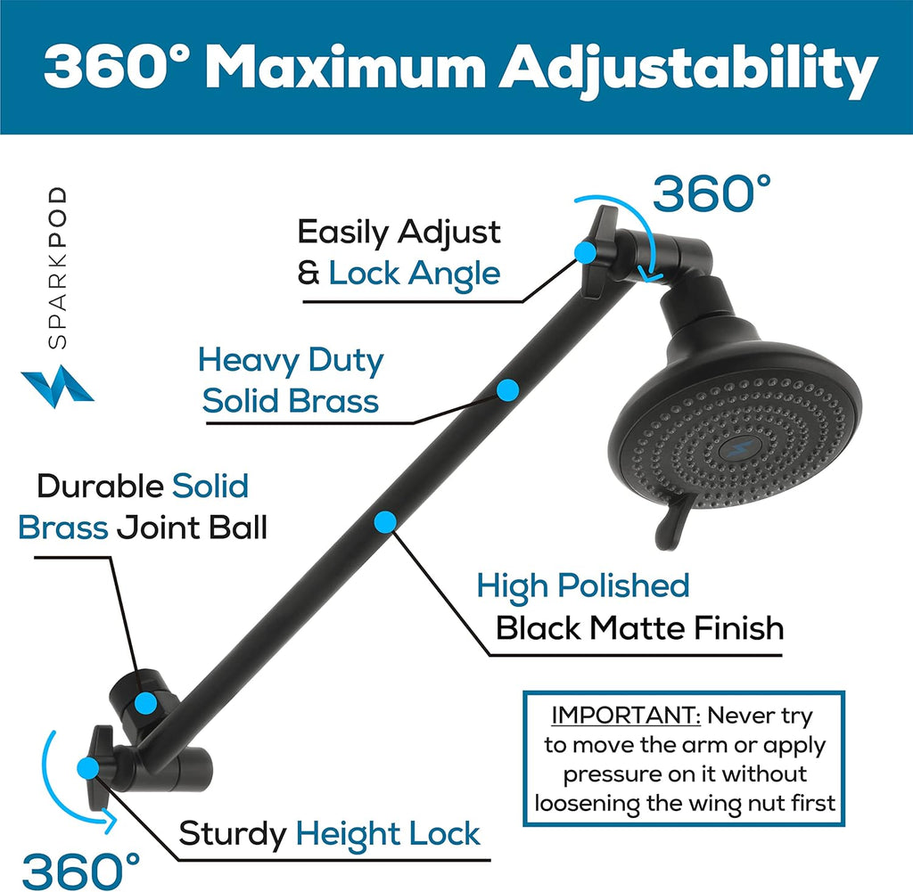 16inch Solid Brass Shower Head Extension Arm - Flexible Height Angle Adjustable Shower Arm Extension for Rain Showerheads with Sturdy Lock - Universal Pipe Connection (Midnight Black Matte)