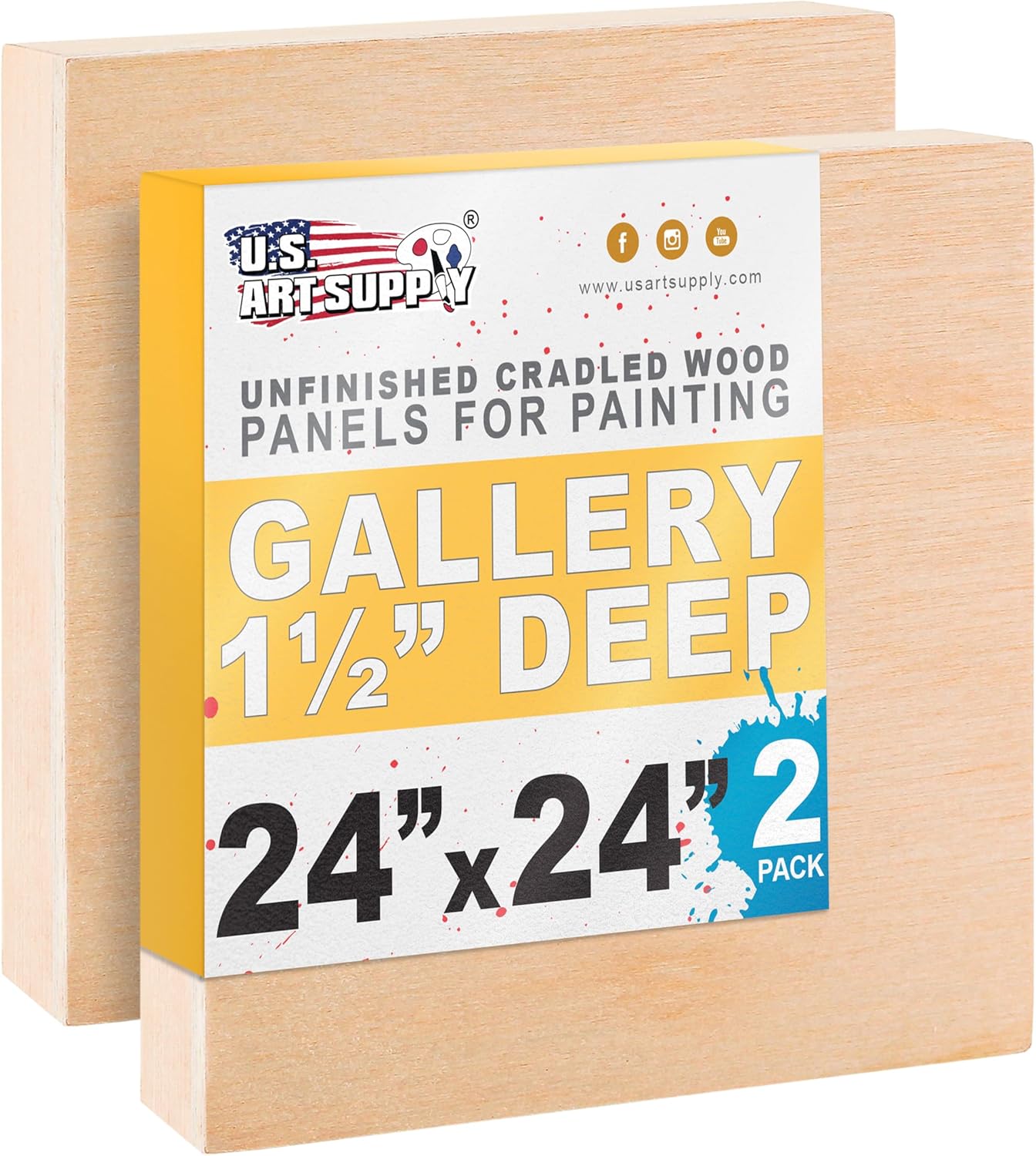 U.S. Art Supply 24inch x 24inch Unfinished Cradled Wood Panels for Painting, Gallery 1-1/2inch Deep (2 Pack) - Artist Depth Wooden Wall Canvases - Mixed-Media Craft, Acrylic, Oil, Encaustic, Paint Pouring
