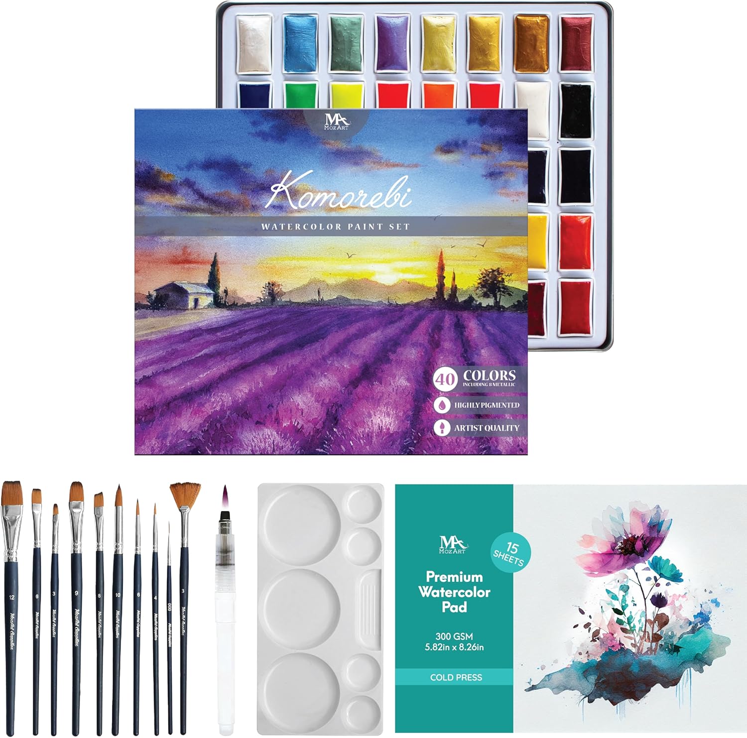 Mozart Japanese Watercolor Paint Set - Komorebi Art Kit with 40 Color Pans - 10 Watercolor Brushes - Paint Palette, Brush Pen Paper Pad - Complete Supply for Adults, Kids Students