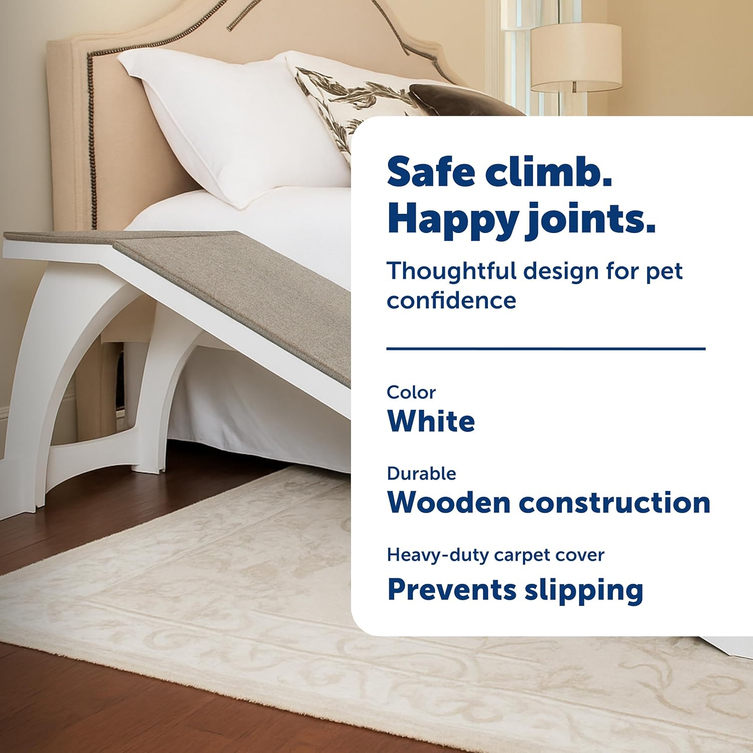 PetSafe CozyUp Bed Ramp - Supports Pets Back Joints - High Traction Carpet Surface - Furniture-Grade Wood - Cherry or White Finish - Heavy Duty Bed Access Ramp - White