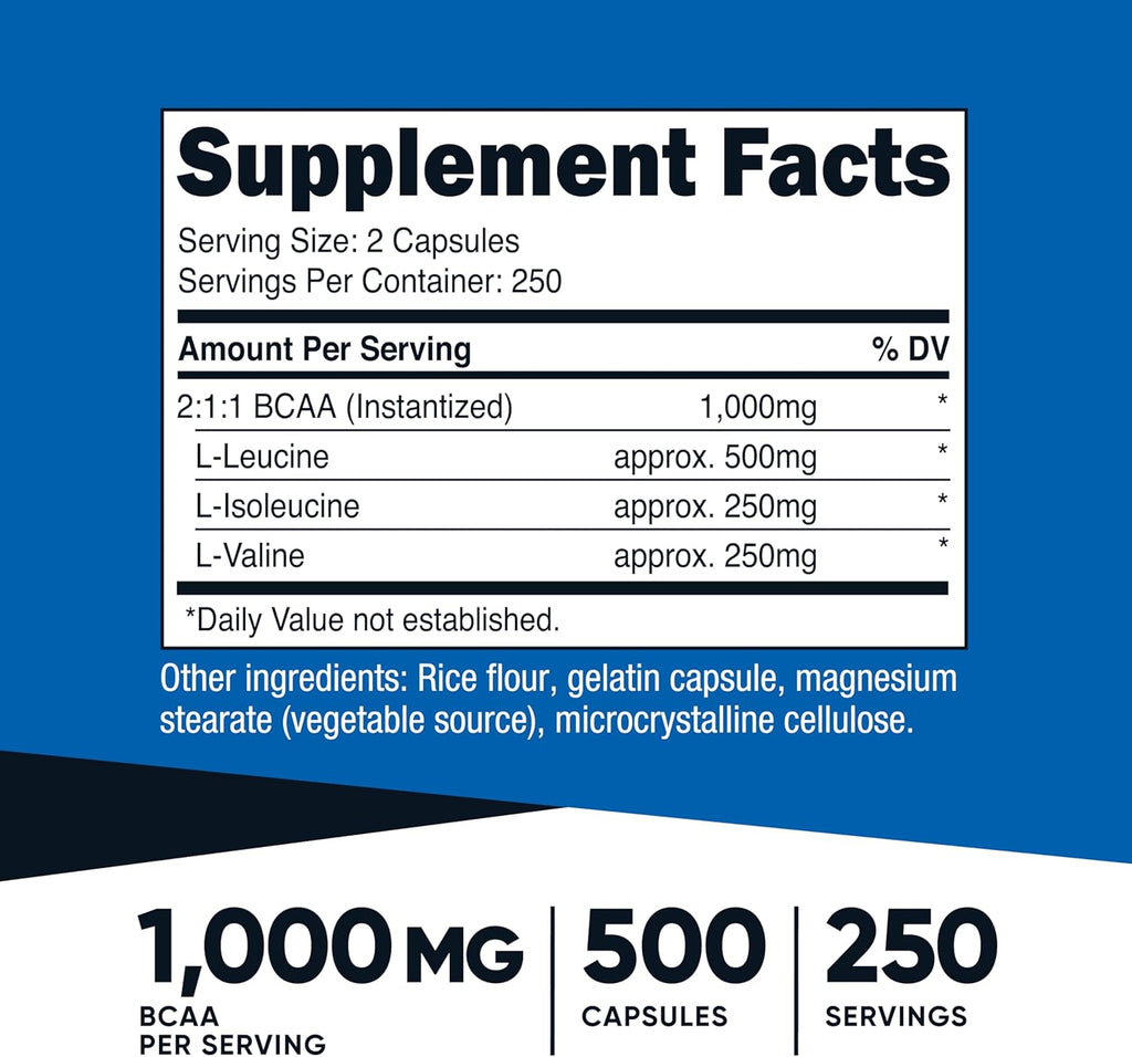 Nutricos BCA 1000mg 50 Capsule (25 Serv) 2:1: Branche Chai Amin Acid (500m o L-Leucine 250m o L-Isoleucin an L-Valine)