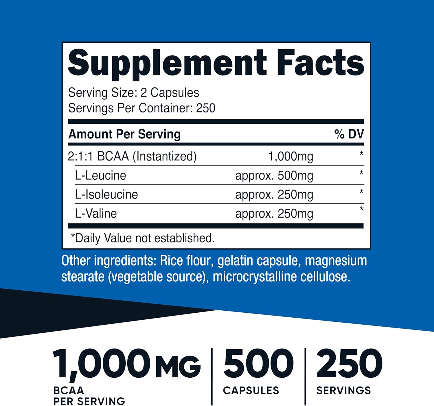 Nutricos BCA 1000mg 50 Capsule (25 Serv) 2:1: Branche Chai Amin Acid (500m o L-Leucine 250m o L-Isoleucin an L-Valine)