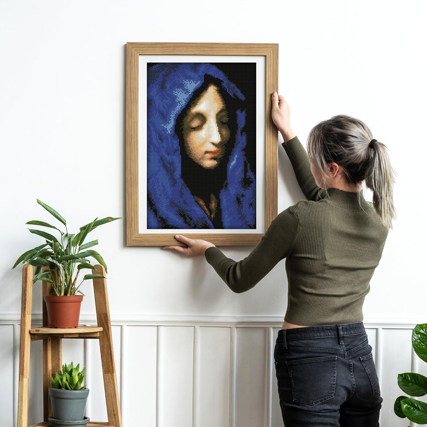 DIAMON DOT Th Blu Madonn (apr? Carl Dolci Portrai Diamon Paintin Kit fo Adult Diamon Ar Kit Relaxin Creativ Craf Ki wit Dot Gem 17.7inchx13.7inch