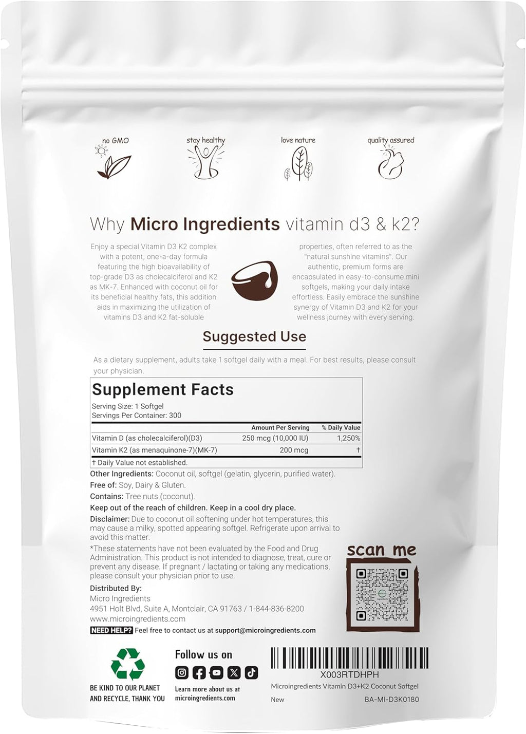 Micr Ingredient Vitami D 10,00 I K MK- 20 mcg 30 Softgel wit Virgi Coconu Oi 2-in- Vitamin  Comple Extr Strength Eas t Swallow Non-GMO Glute Free