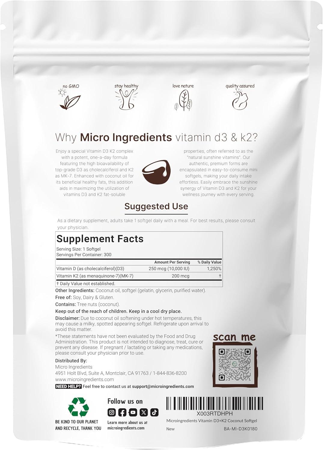 Micr Ingredient Vitami D 10,00 I K MK- 20 mcg 30 Softgel wit Virgi Coconu Oi 2-in- Vitamin  Comple Extr Strength Eas t Swallow Non-GMO Glute Free