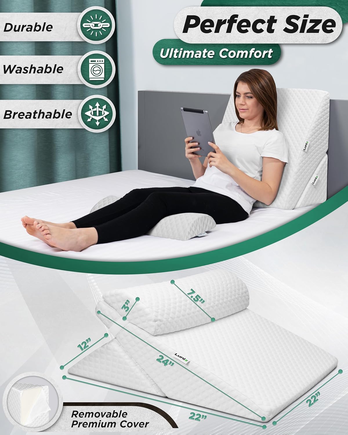 Lunix 3pcs Orthopedic Bed Wedge Pillow Set, Post Surgery Memory Foam for Back, Leg, and Knee Pain Relief, Adjustable Sitting Pillow for Sleeping, Acid Reflux, and GERD, with Hot Cold Pack, White