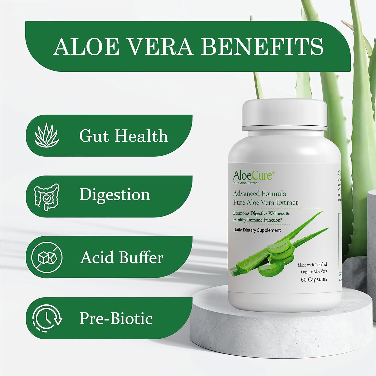 AloeCure Organic Aloe Vera Capsules, 160,000mg Inner Aloe Leaf Equivalent per Serving, Support Gut, Digestive, Immune Health, Helps Maintain Balanced Stomach Acidity, Aloin Free, 60Caps x 3Btl