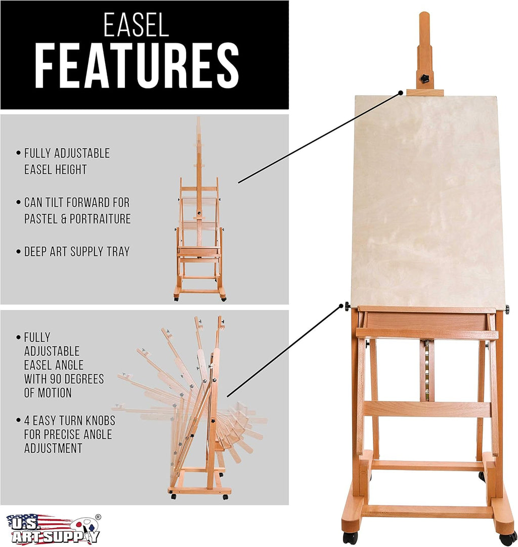 U.S Ar Suppl Heav Dut Extr Larg Adjustabl Woo H-Fram Ease Sturd Woode Stand Lockin Caste Wheel Studi Artis Ease fo Painting Canva Holde Display Sturd Beechwood