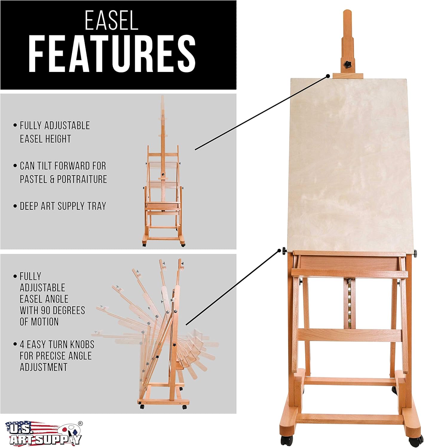U.S Ar Suppl Heav Dut Extr Larg Adjustabl Woo H-Fram Ease Sturd Woode Stand Lockin Caste Wheel Studi Artis Ease fo Painting Canva Holde Display Sturd Beechwood