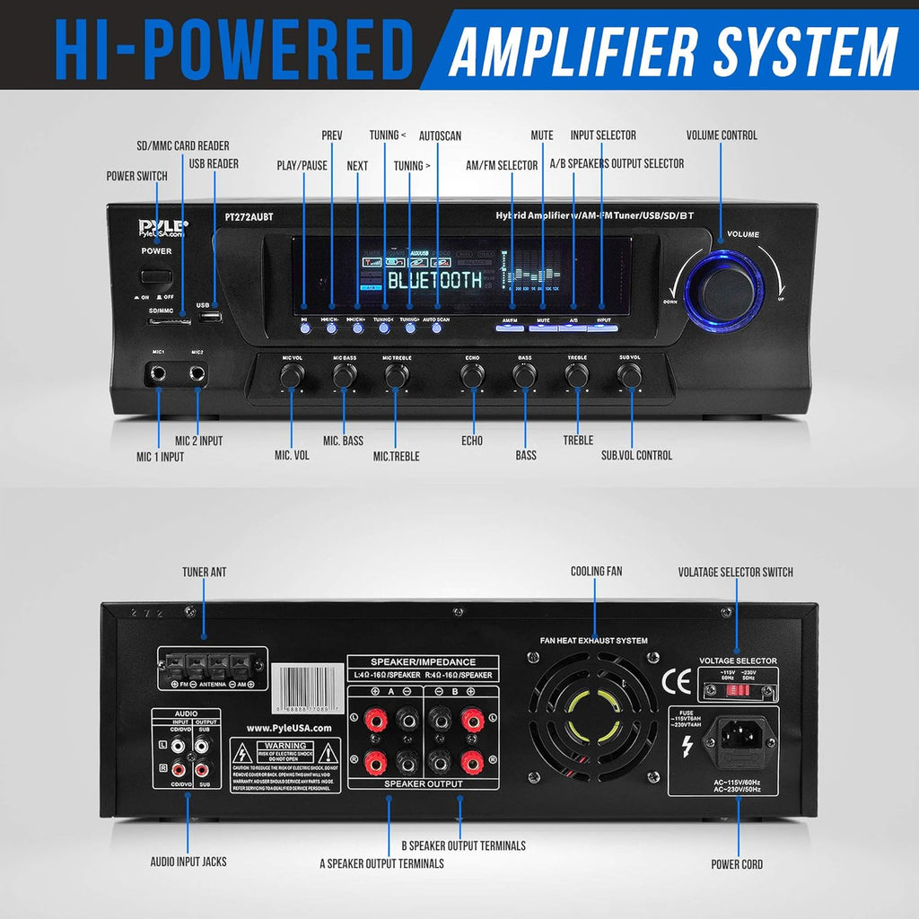 Pyle Wireless Bluetooth Audio Power Amplifier - 300W 4 Channel Home Theater Stereo Receiver with USB, AM FM, 2 Mic IN with Echo, RCA, LED, Speaker Selector, For Studio, Home Use, Black - PT272AUBT