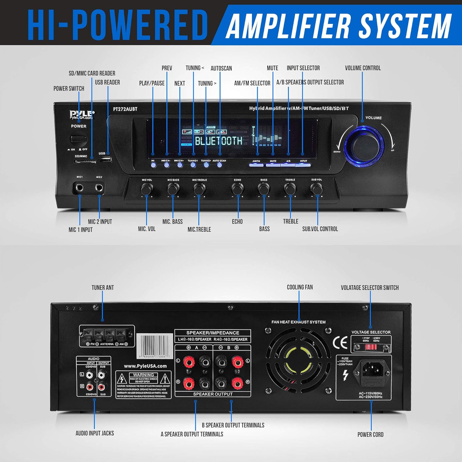 Pyle Wireless Bluetooth Audio Power Amplifier - 300W 4 Channel Home Theater Stereo Receiver with USB, AM FM, 2 Mic IN with Echo, RCA, LED, Speaker Selector, For Studio, Home Use, Black - PT272AUBT