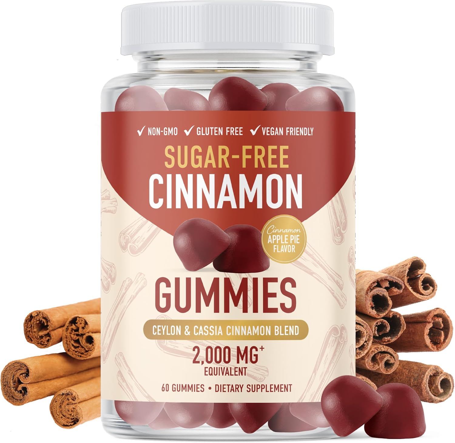 Sugar-Fre Cinnamo Gummie 2000M wit Ceylo Cinnamo Cassi Comple Sugar-Fre Lifestyl Supplemen Guilt-Fre Appl Pi Flavo wit Chromiu Vegan Non-GMO Gluten-Fre 6 Gummies