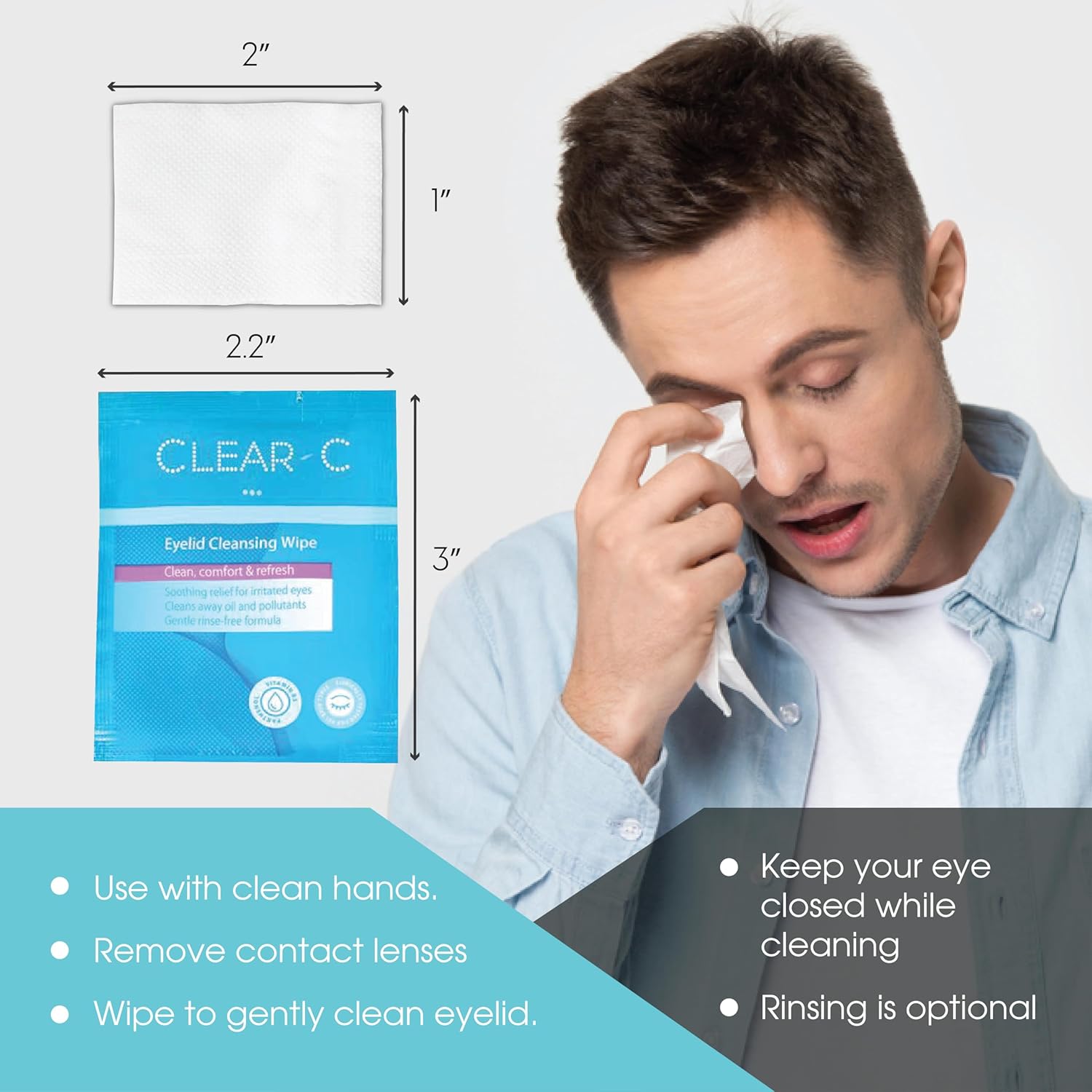 Clear C Eyelid Wipes Pre-Moistened for Dry Eyes ¨C Rinse Free Eye Lid Cleaning Wipes ¨C Individually Wrapped Travel Eye Wipes, 1 Box of 30