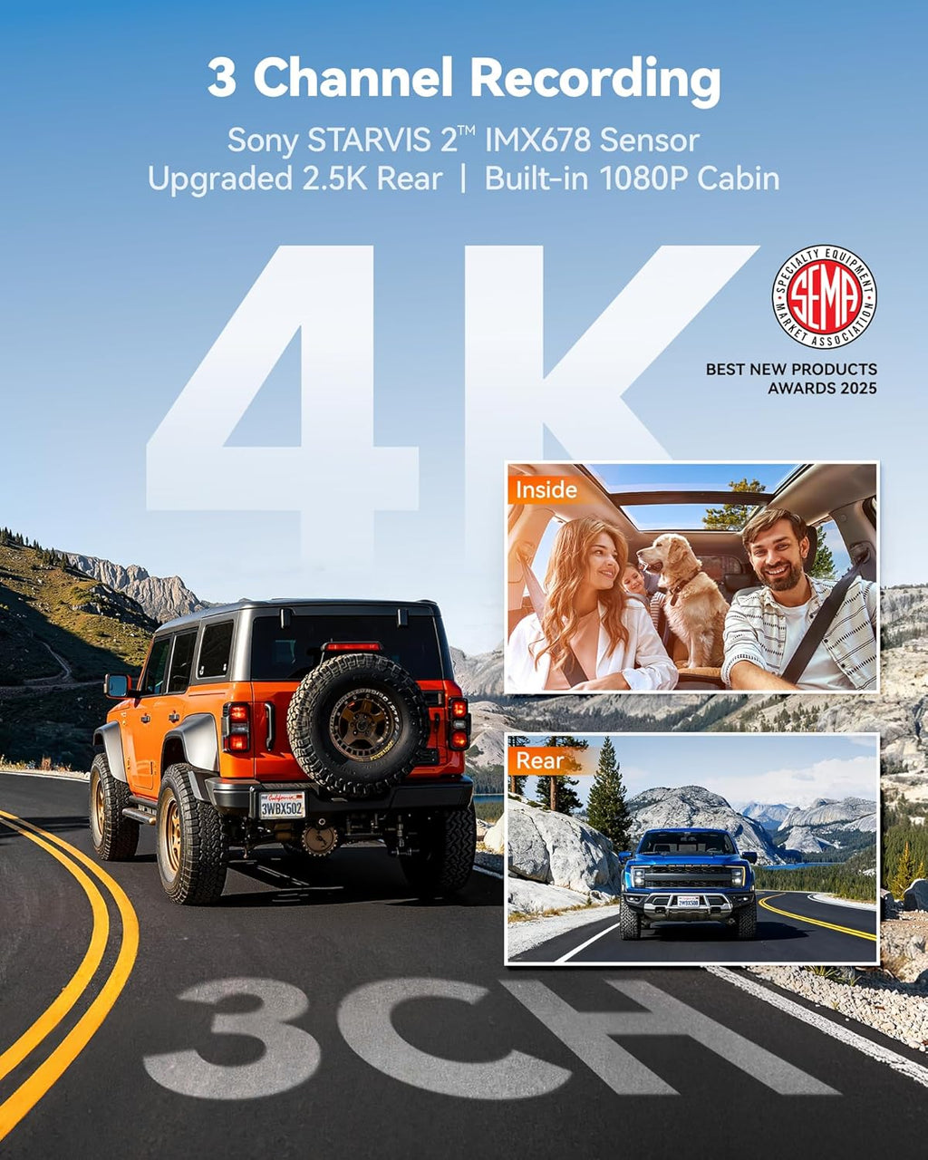 WOLFBO X Channe 4 HD Das Cam STARVI IMX67 8M Nigh Vision 4K+2.5K+1080 Fron an Rea Insid Ca Camer wit 128G Car an GPS Suppor Voic Control Touc Scree an 5.8GH WiFi