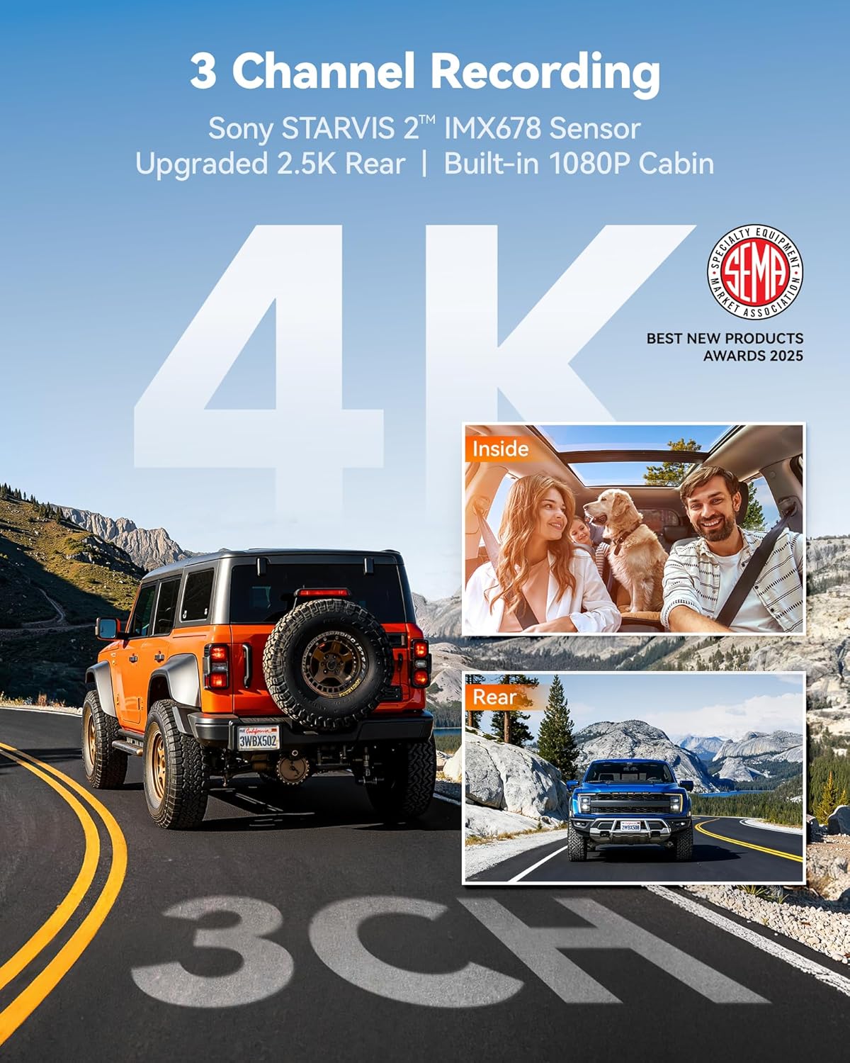 WOLFBO X Channe 4 HD Das Cam STARVI IMX67 8M Nigh Vision 4K+2.5K+1080 Fron an Rea Insid Ca Camer wit 128G Car an GPS Suppor Voic Control Touc Scree an 5.8GH WiFi