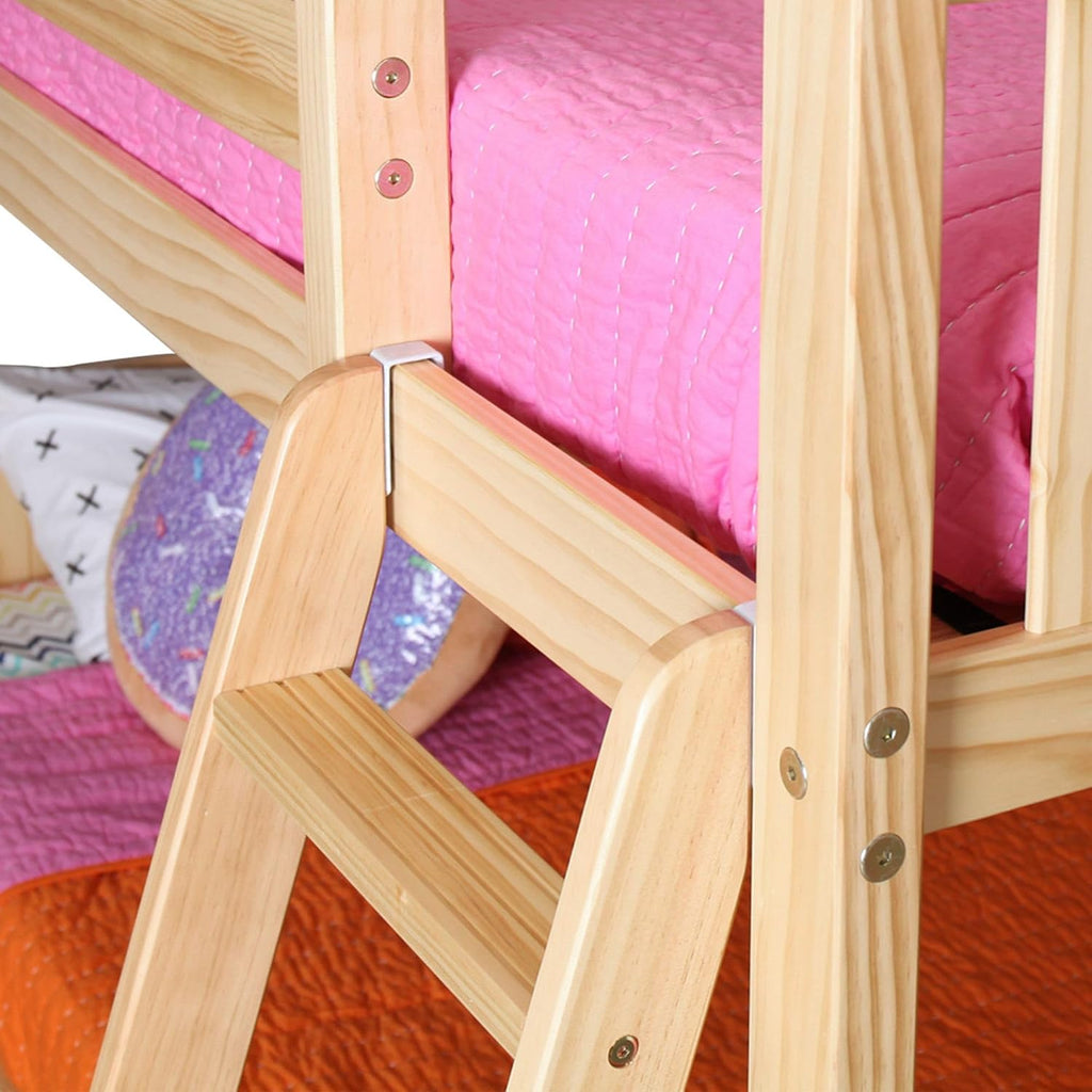 Max & Lily Low Bunk Bed, Twin-Over-Twin Bed Frame For Kids With Curtains For Bottom, Natural/Pink