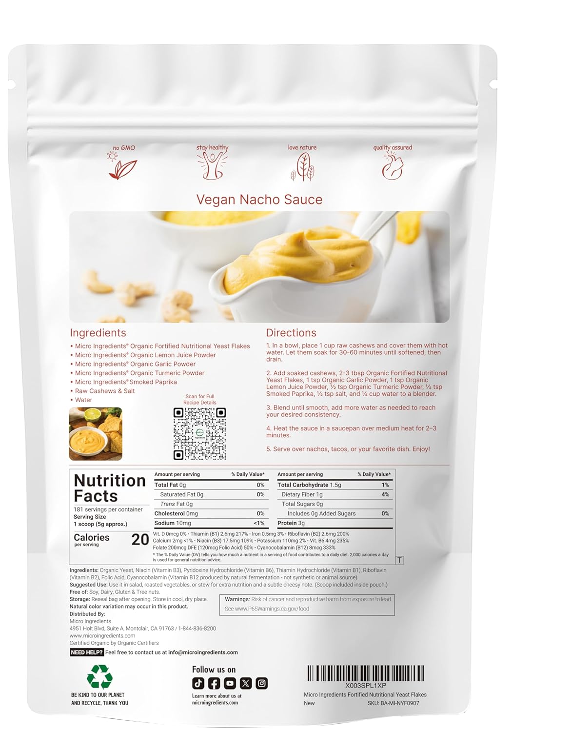 Micr Ingredient Organi Fortifie Nutritiona Yeas Flakes 2l (32oz Ric i Vega Protein Vitamins Beta-Glucan Ket Friendly Dair Fre Chees Substitute Non-GMO Glute Free