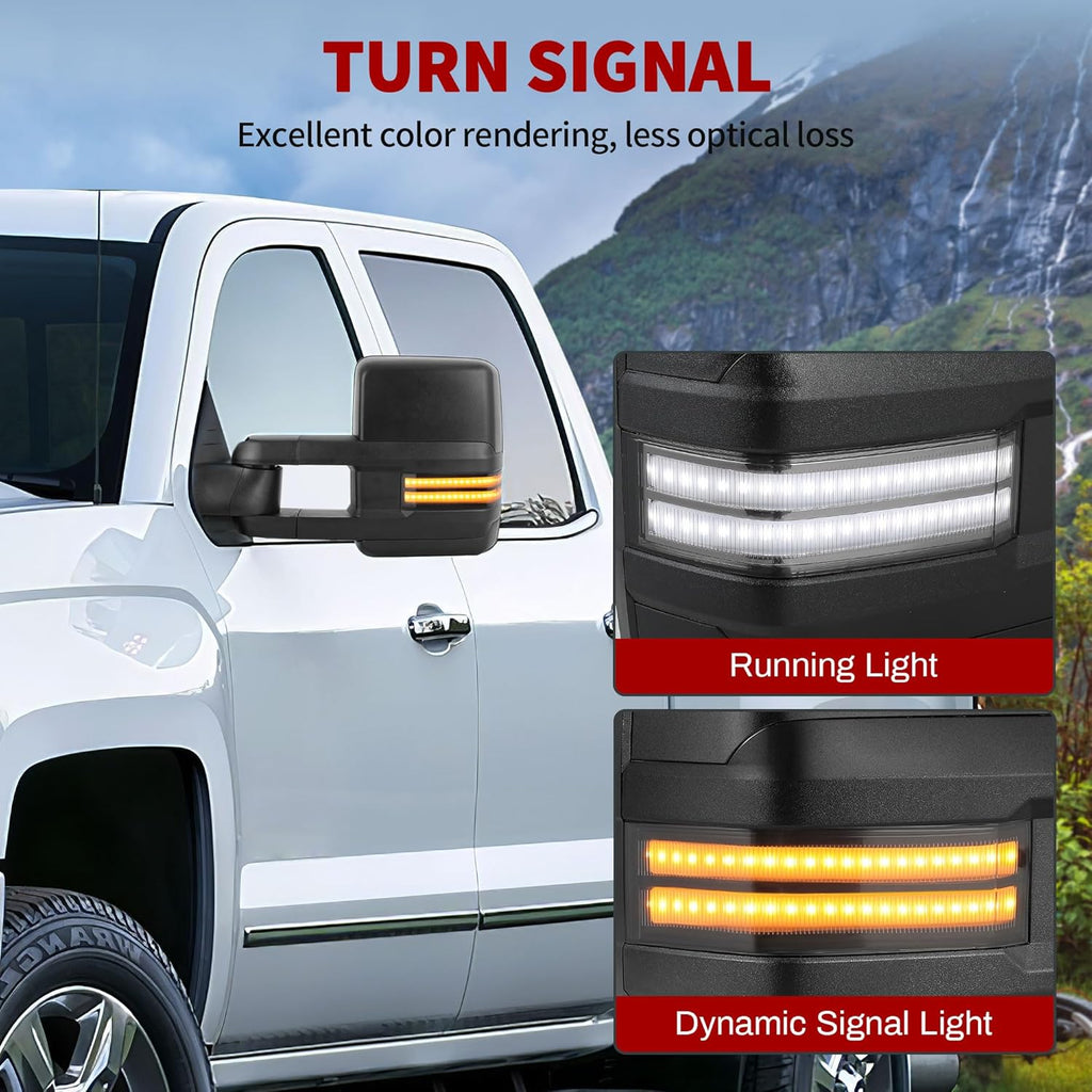 YITAMOTOR Towing Mirrors Compatible with 2007-2014 Silverado Sierra 1500 2500 3500 HD/Avalanche/Suburban, Power Heated Manually Folding Switchback Turn Signal Light Running Lights (Black inside)