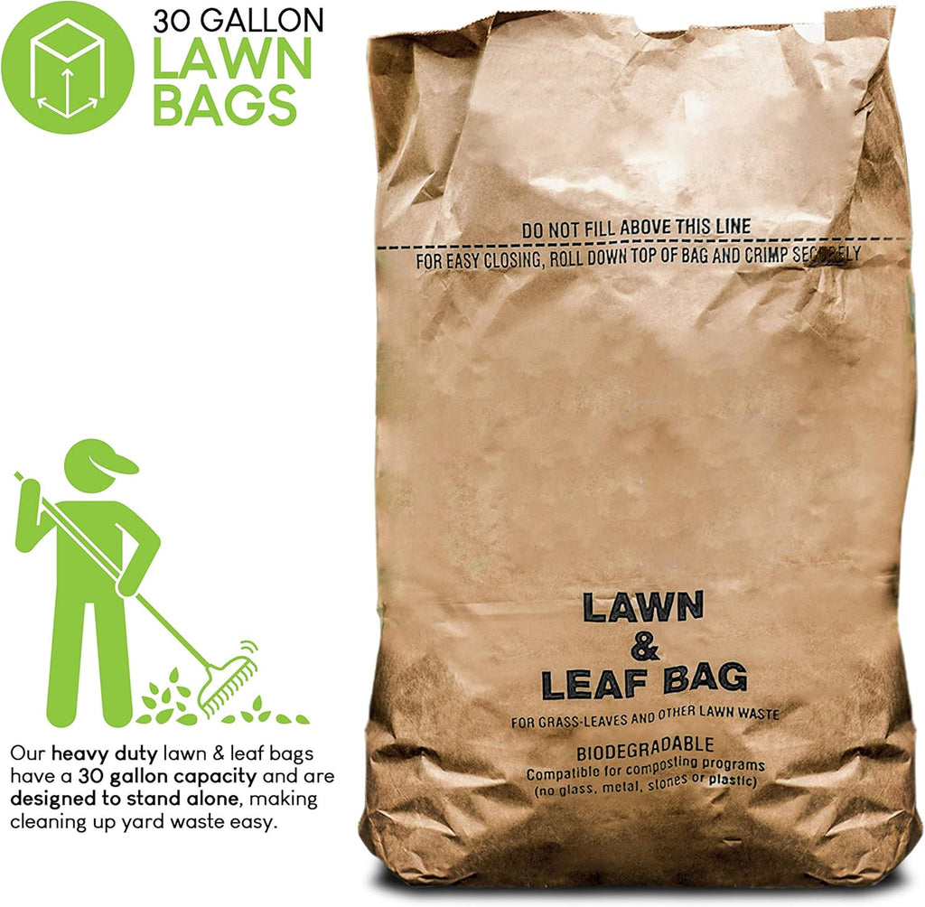 30 Gallon Kraft Lawn and Leaf Bags (20 Pack) Eco-Friendly Heavy Duty Large Paper Trash Bags, Tear Resistant Yard Waste Bags for Grass Clippings, Wet and Dry Leaves, Weeds, Twigs