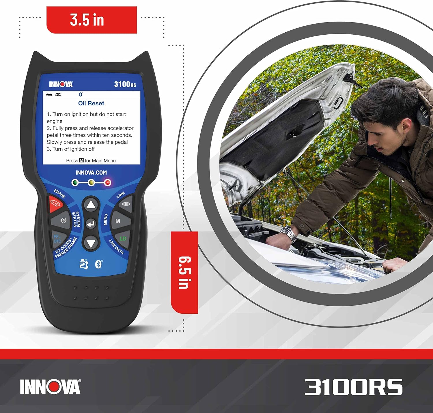 INNOV 3100RS OBD Scanner AB SR Airba Sca Too wit Airba Ligh Oi Ligh Reset Strea Grap Recor Liv Data Ge Suggeste Repai Part o iPhon o Android