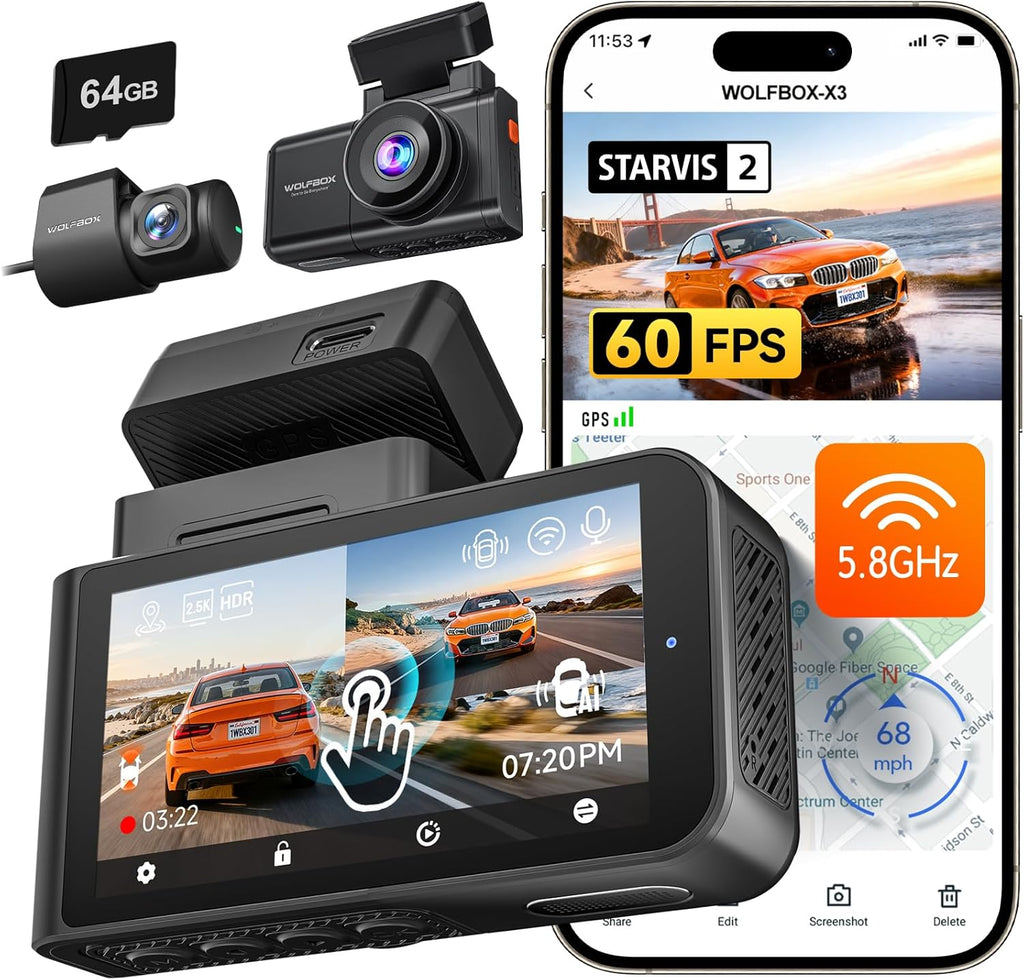 WOLFBO X 2.5 1440 60FP Das Camera STARVI IMX67 wit ADAS 1440P+1080 Dua Dashca Fron an Rea Camer 5M wit Built-i 5.8GH WiF GPS 64G Card Touc Screen G-Sensor Loo Record