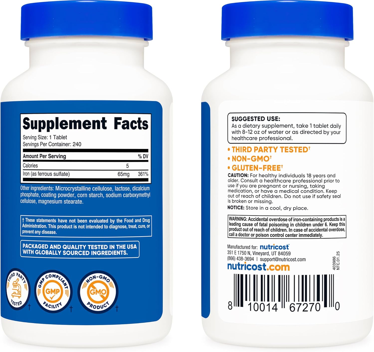 Nutricos Iro (A Ferrou Sulfate 65mg 24 Tablet Non-GMO Glute Free